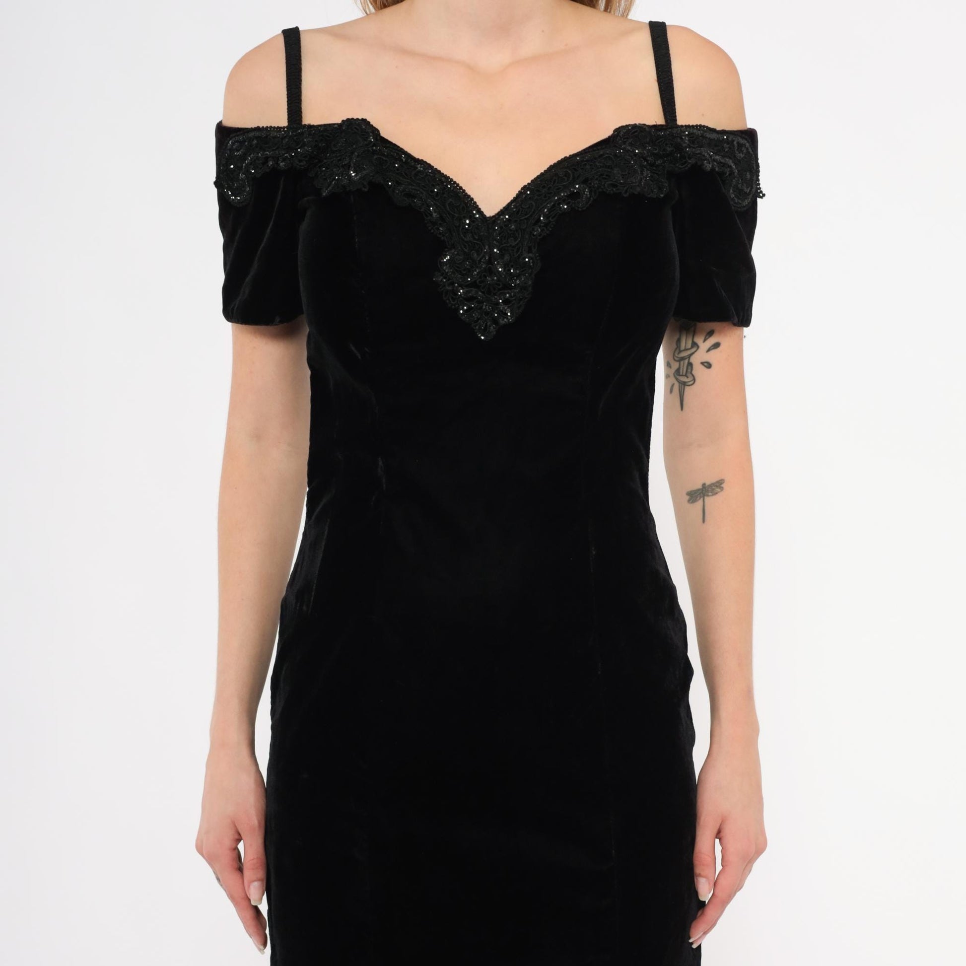 90s Rampage Black Velvet Maxi Gown Beaded Lace Off-Shoulder Extra Small XS