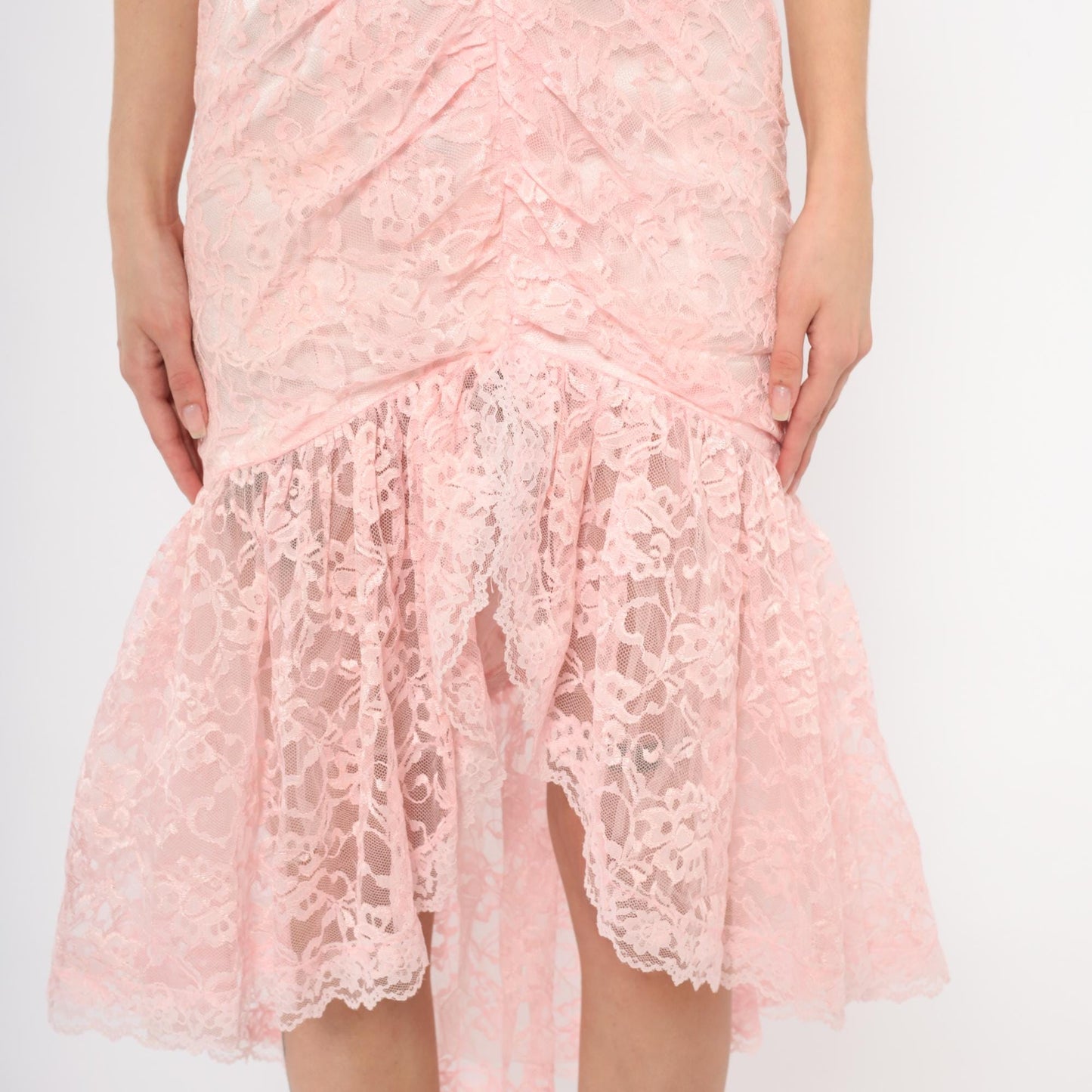 80s Pink Lace Midi Dress Floral Overlay Ruffled Cap Sleeves Small