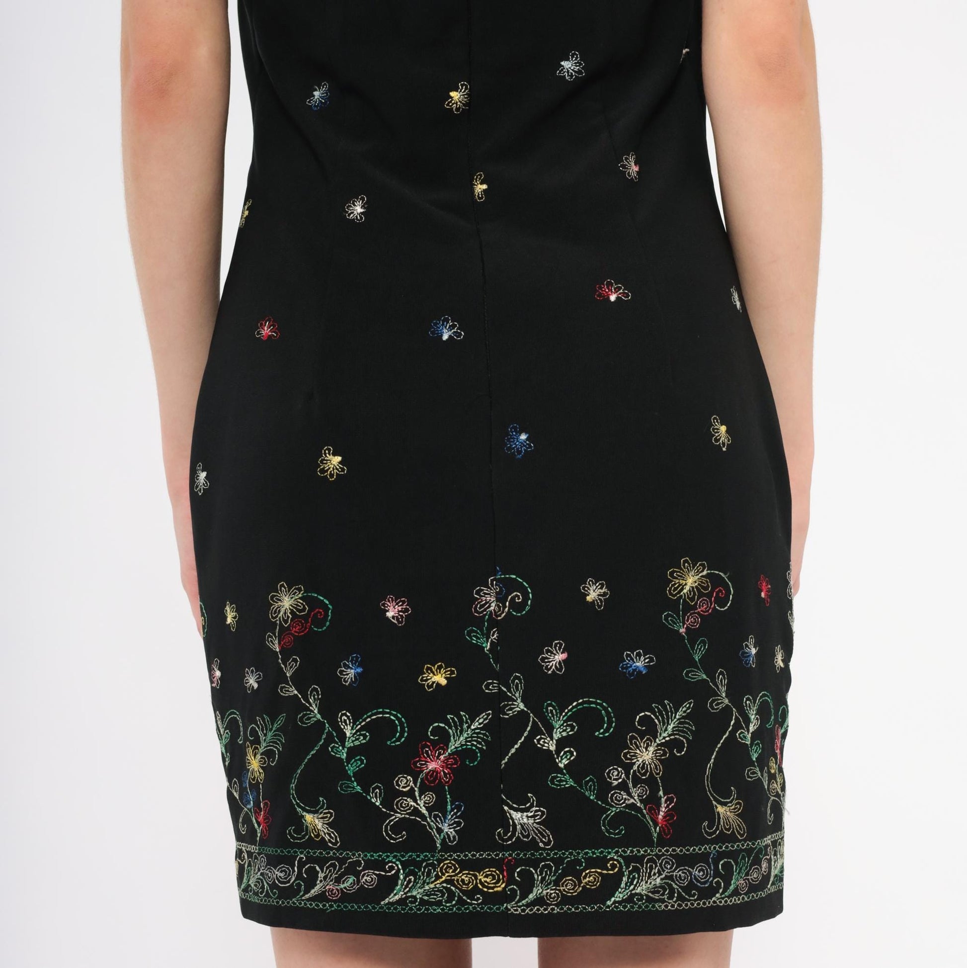 90s Hugo Buscati Black Halter Mini Dress Floral Embroidery Small Medium