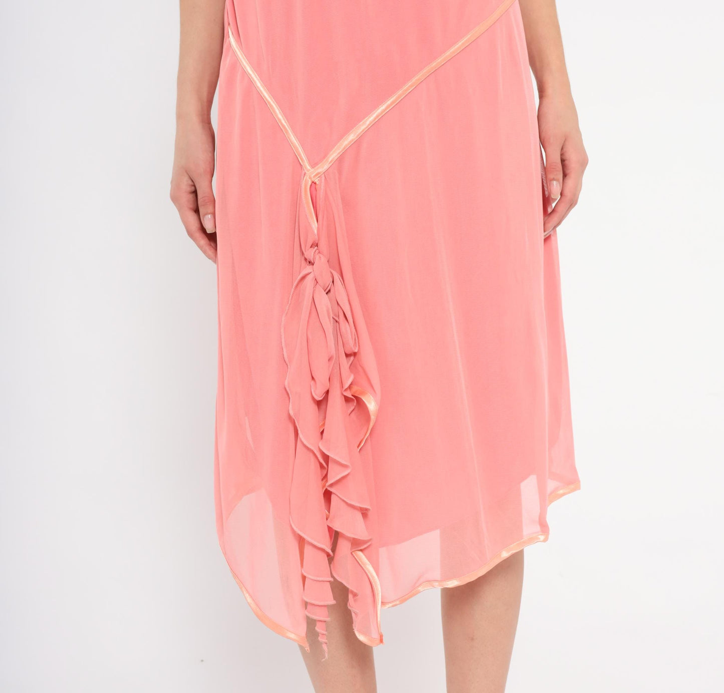 Y2K Coral Halter Dress Surplice Neckline Satin Trim Ruffle Chiffon Overlay Backless Tie Neck Pink Summer Beach Party Coquette Salmon Large L