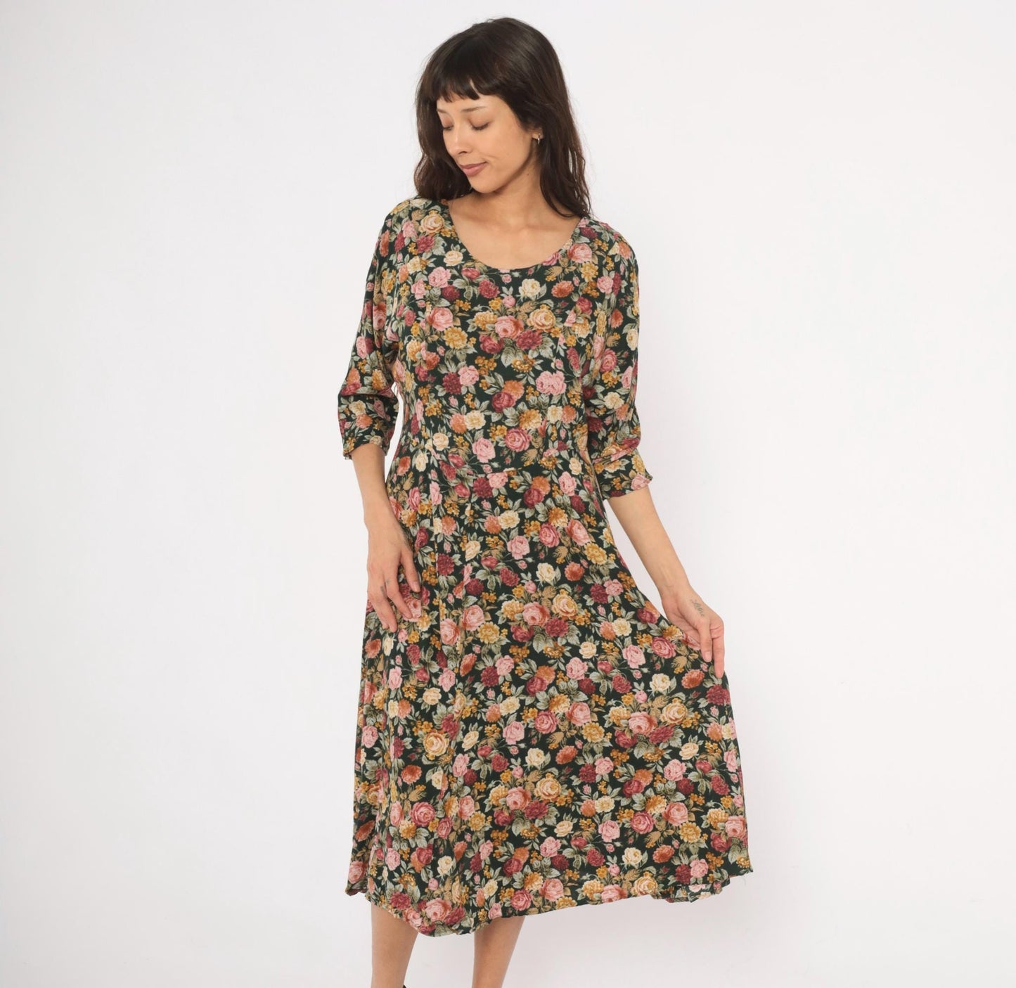 90s Paquette Floral Midi Dress Garden Rose Print Black Pink Burgundy Large L