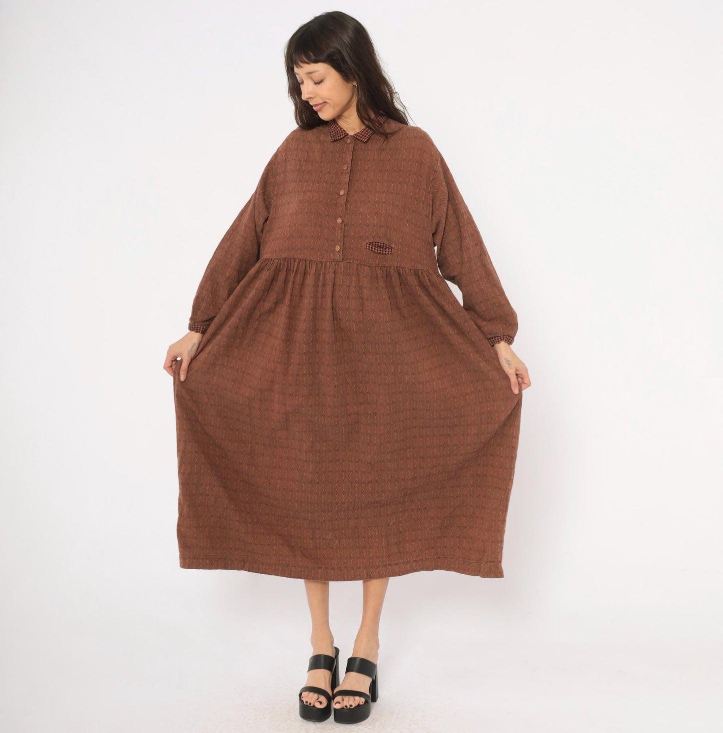 90s No Saint Brown Maxi Shirt Dress Houndstooth Collar Diamond Pattern Medium