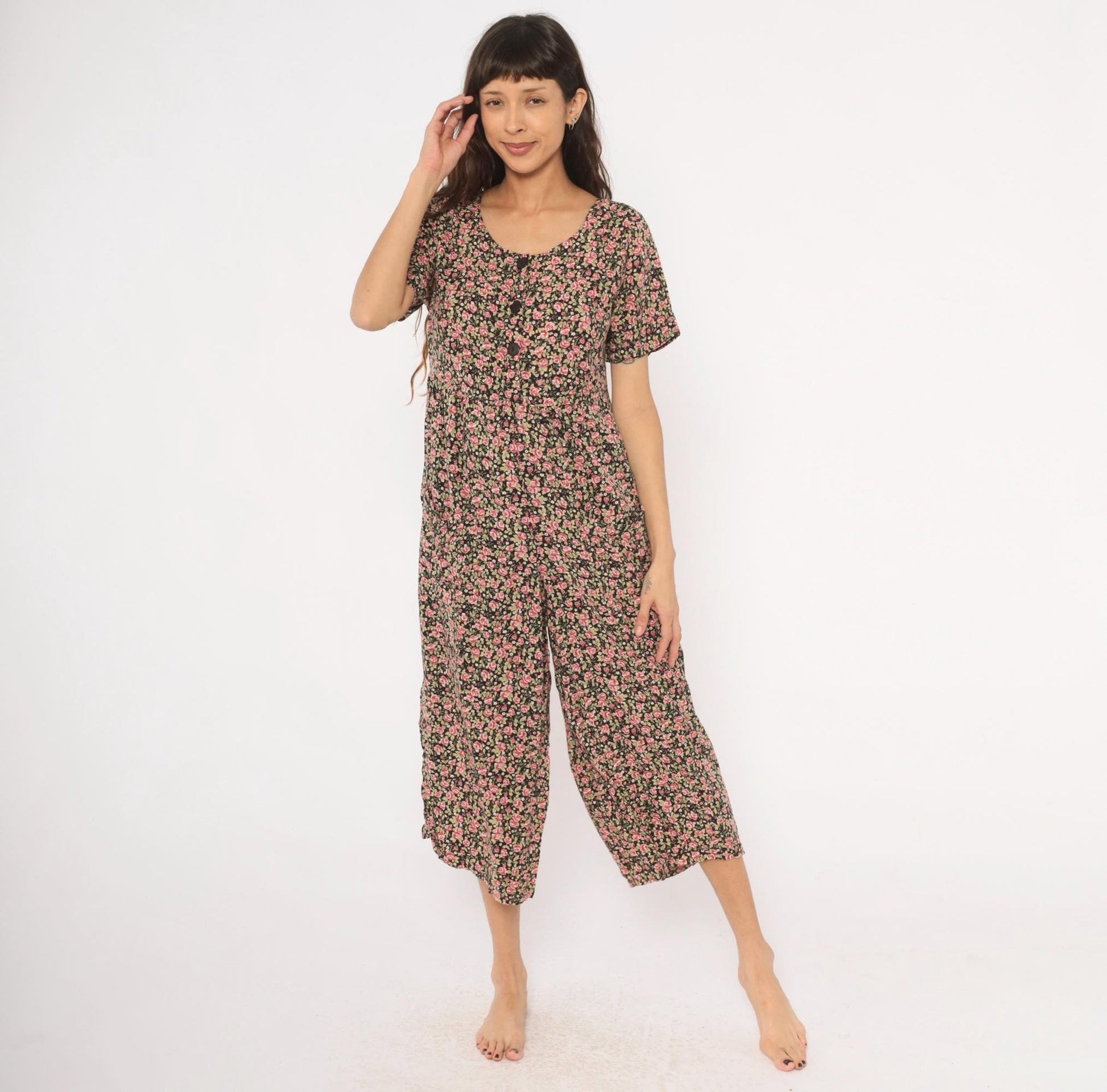 90s Black Floral Jumpsuit Wide Leg Rose Print Scoop Neck Medium M