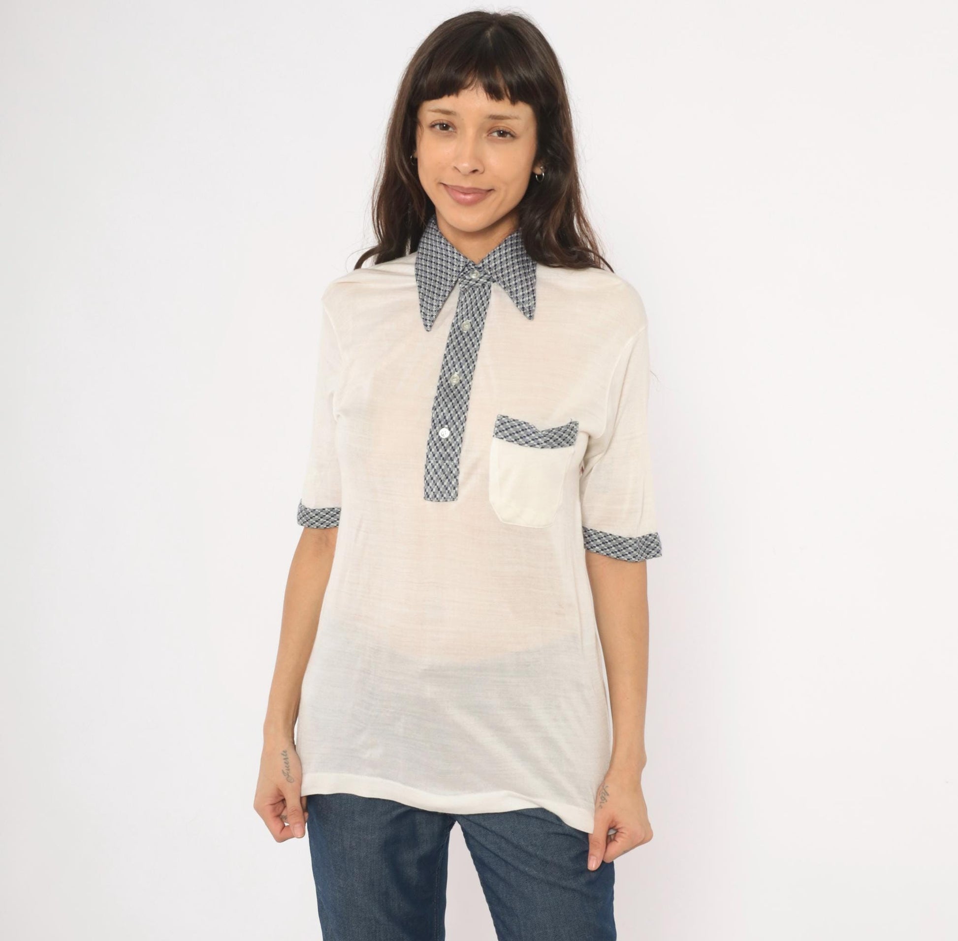 80s Drummond Houndstooth Polo Cream Navy Check Collar Knit Blouse Medium