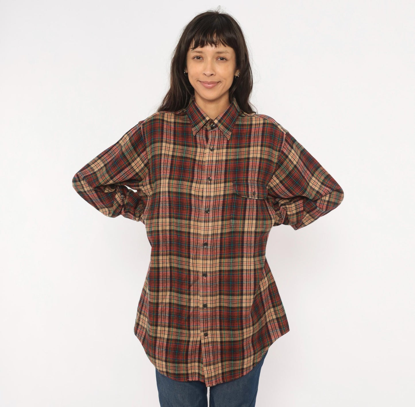 90s Enro Sportswear Plaid Flannel Shirt Burgundy Green Tartan Button-Up Large Tall