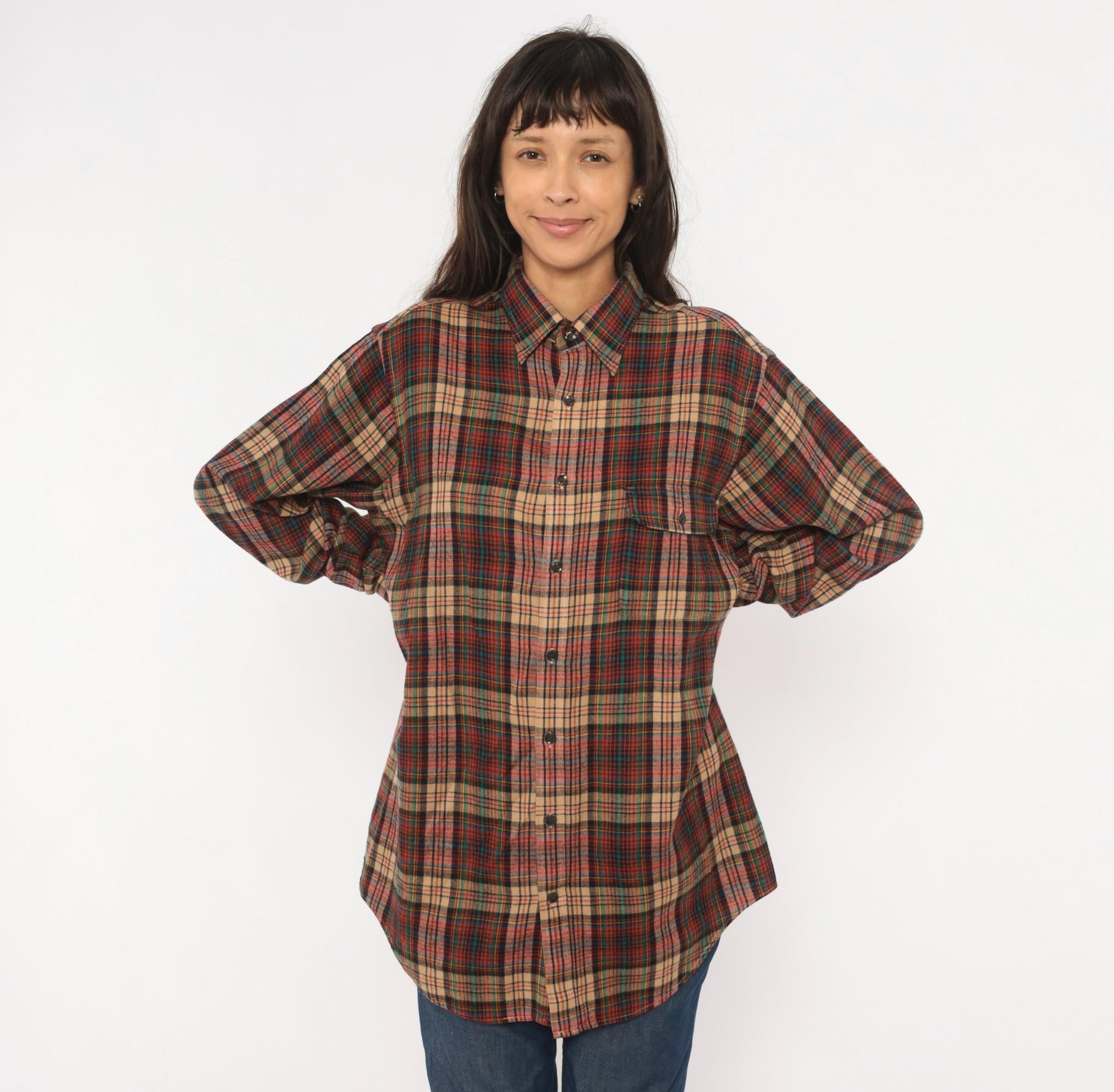 90s Enro Sportswear Plaid Flannel Shirt Burgundy Green Tartan Button-Up Large Tall