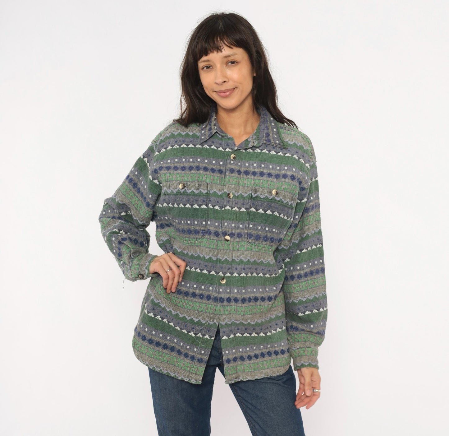 90s Point Zero Geometric Flannel Shirt Green Navy Jacquard Folk Pattern Medium
