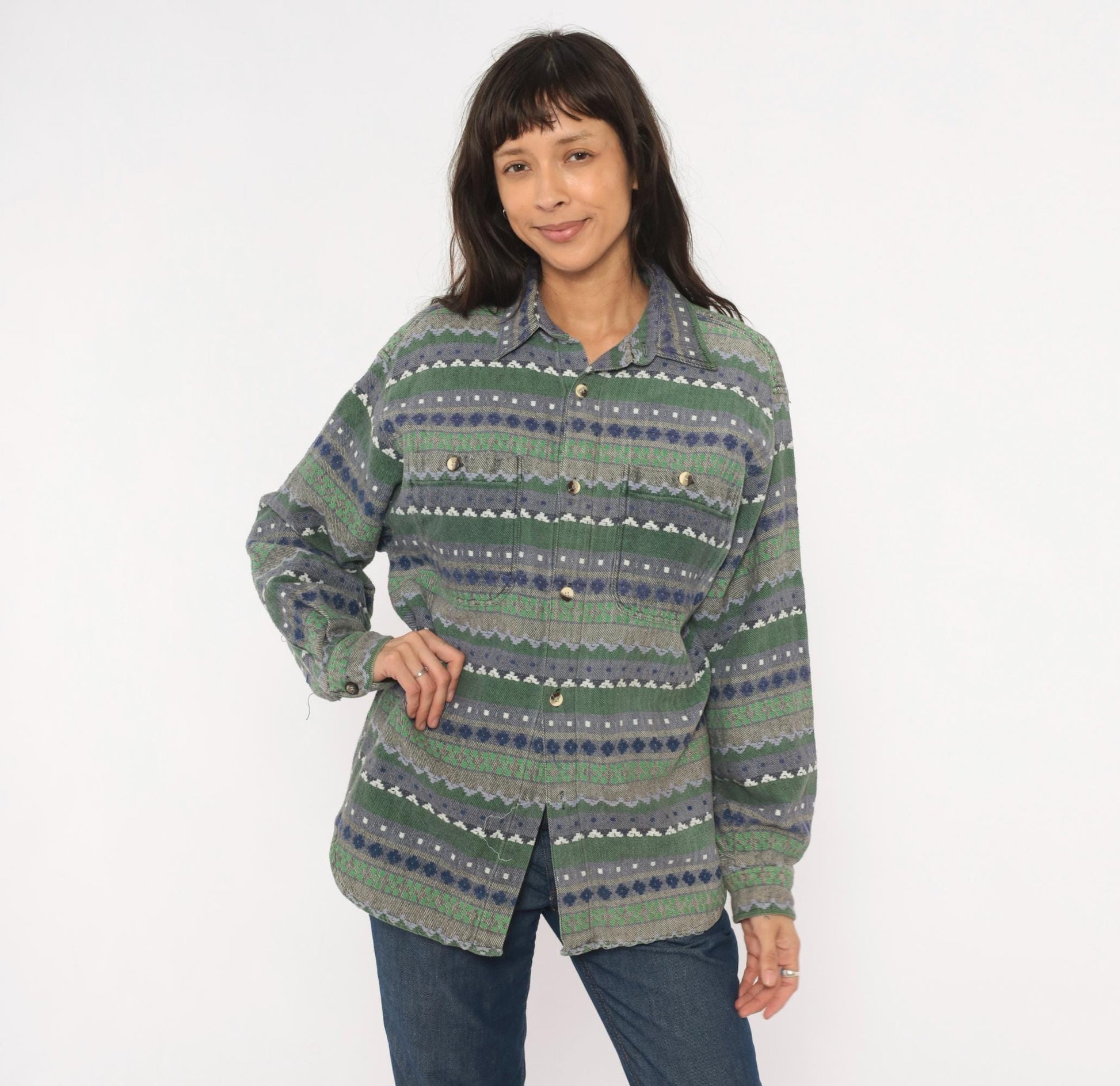 90s Point Zero Geometric Flannel Shirt Green Navy Jacquard Folk Pattern Medium