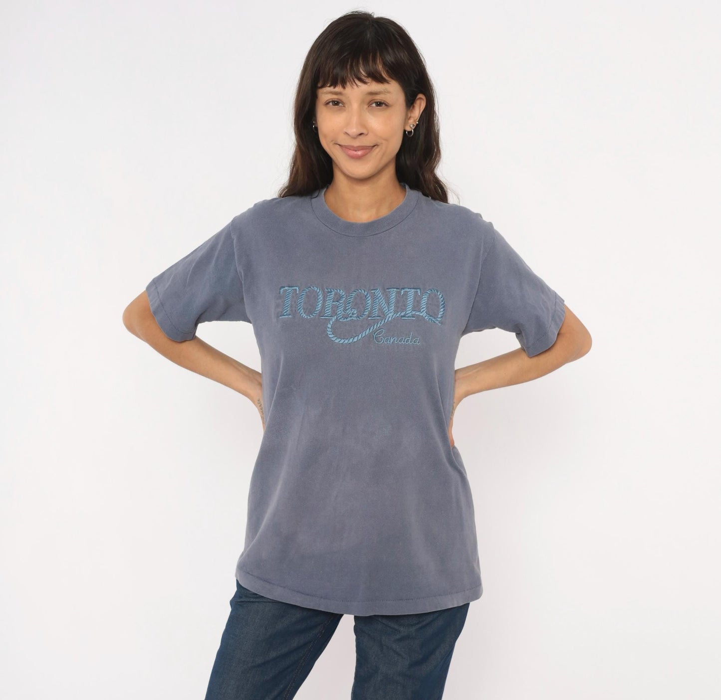 90s Toronto Canada Embroidered Tee Fruit of the Loom Slate Blue Grey Medium