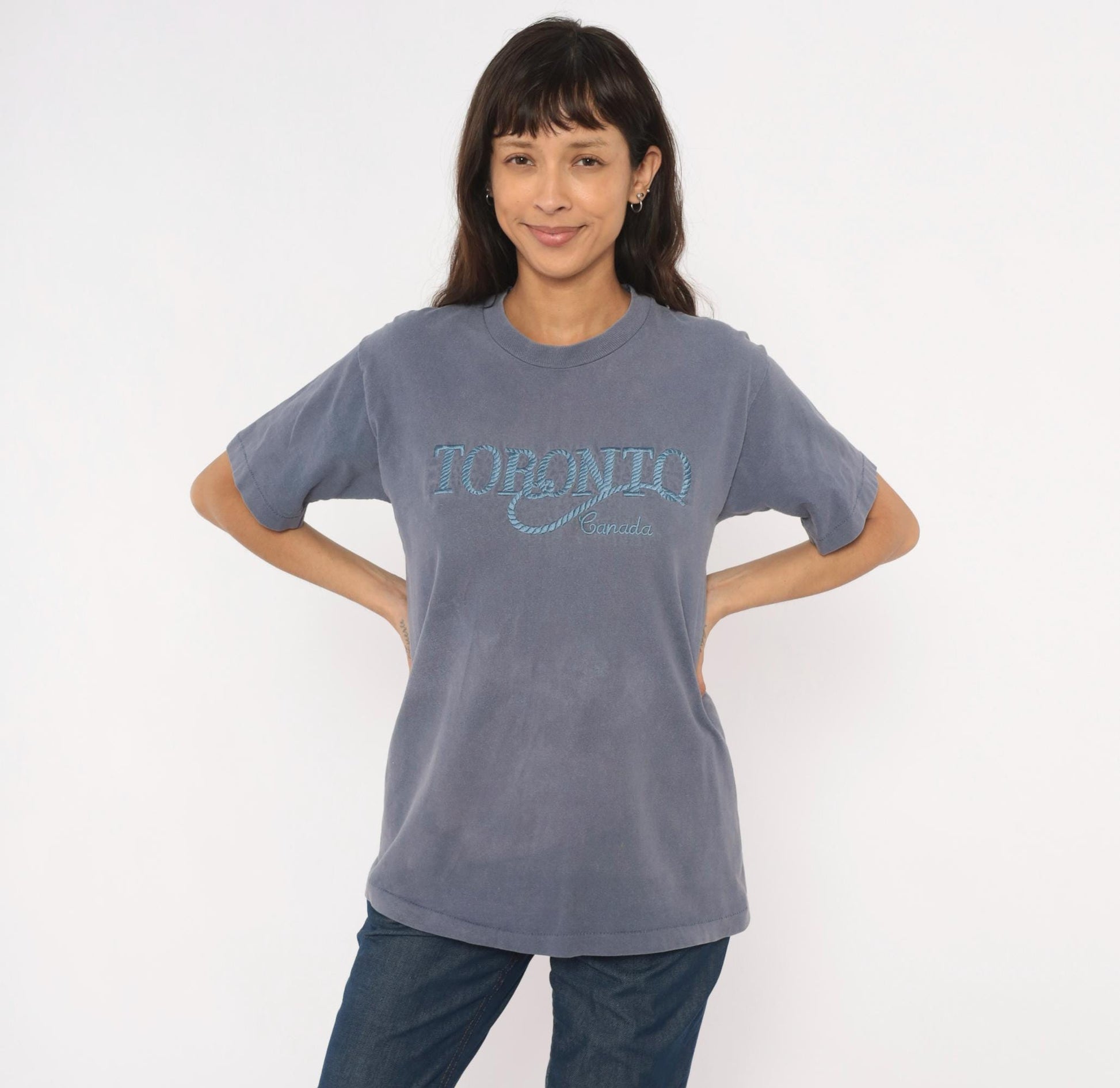 90s Toronto Canada Embroidered Tee Fruit of the Loom Slate Blue Grey Medium