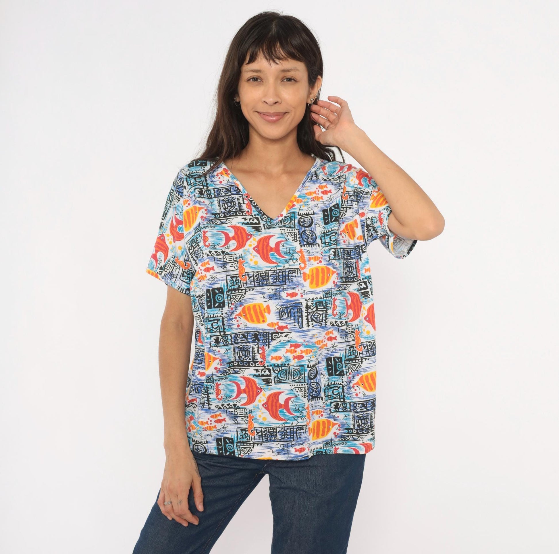 90s Barnett Tropical Fish Print Cotton Tee V-Neck Angelfish Seahorse Blue Orange Large L