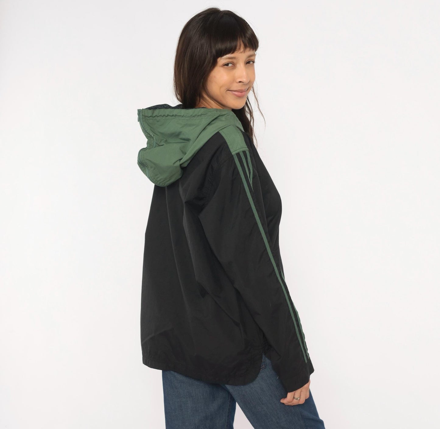 90s Adidas Pullover Windbreaker Black Olive Green Three Stripe Hooded Anorak Large L