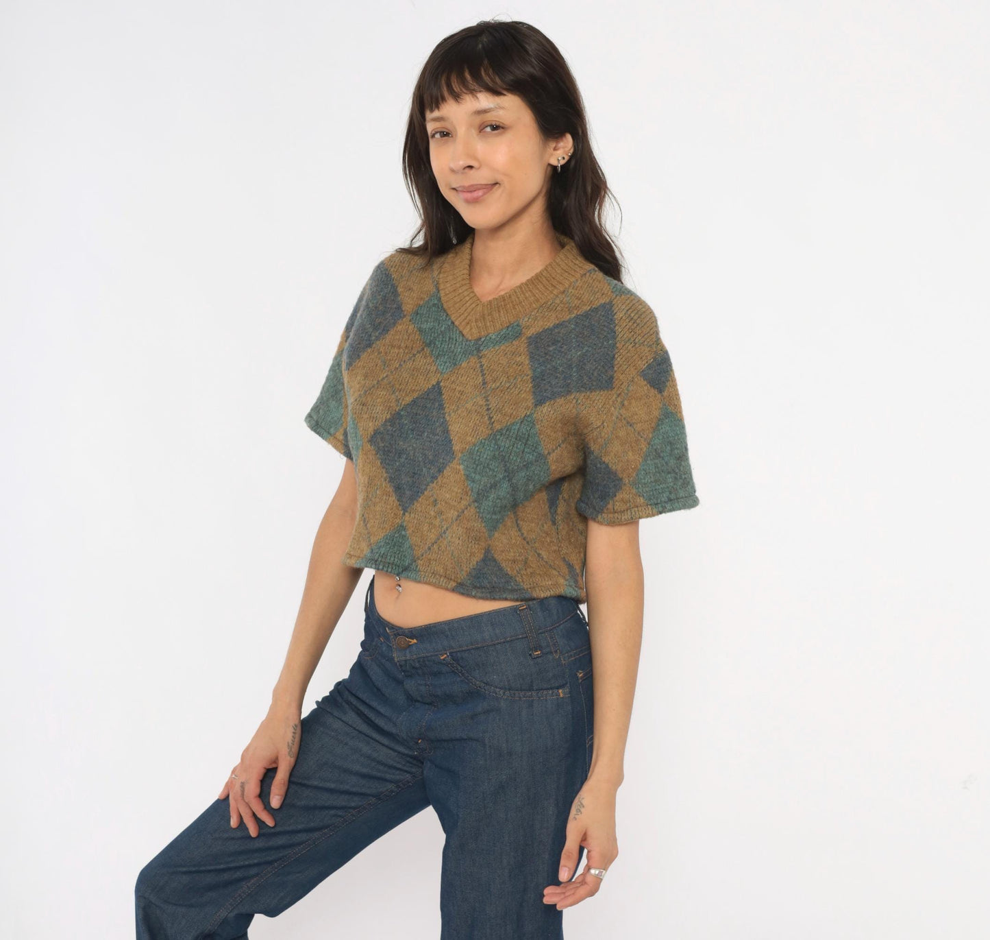 70s Brentwood Argyle Crop Sweater Wool V-Neck Tan Blue Small S