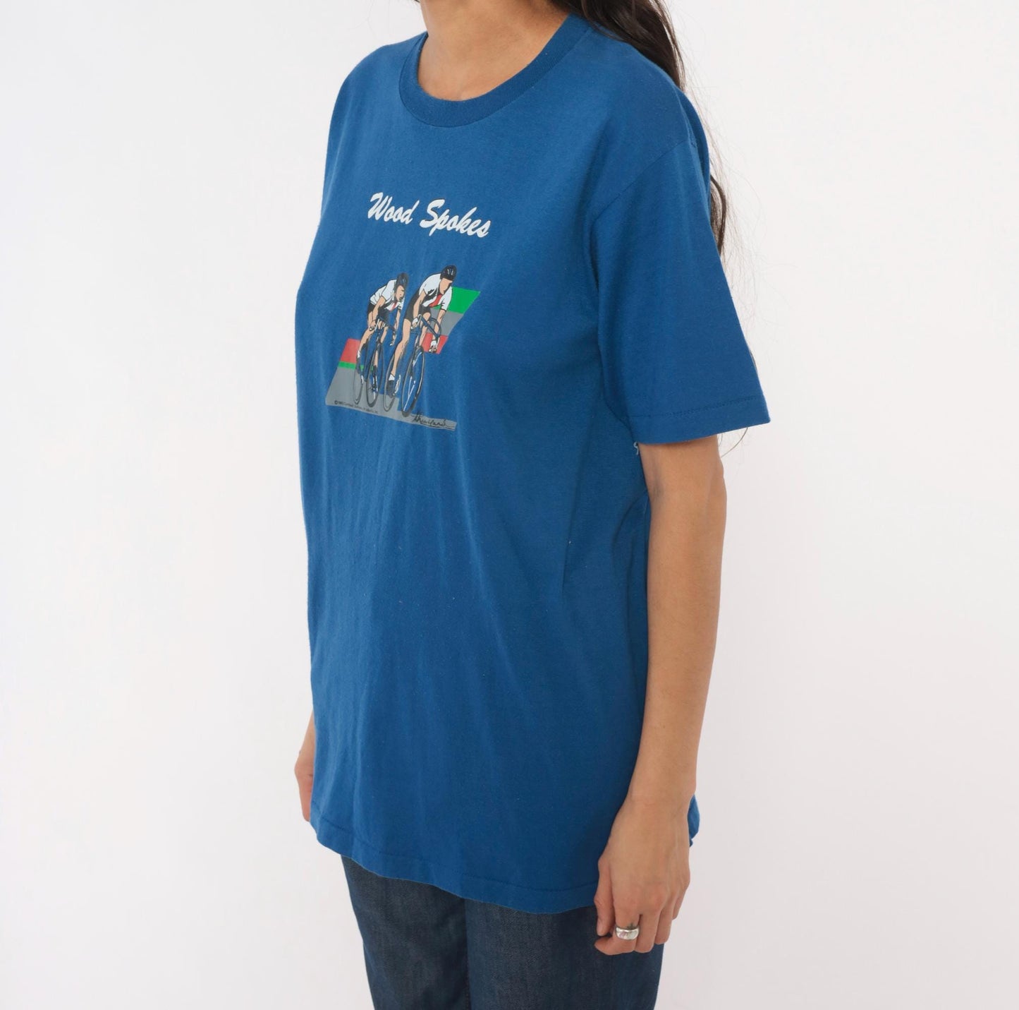 80s Jerzees Wood Spokes Cycling Graphic Tee Blue Crew Neck Large L