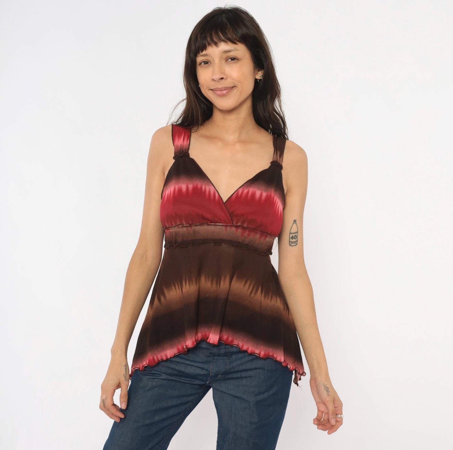 Y2K Ombre Cami Tank Brown Burgundy Gradient Wrap Bust V-Neck Medium Large