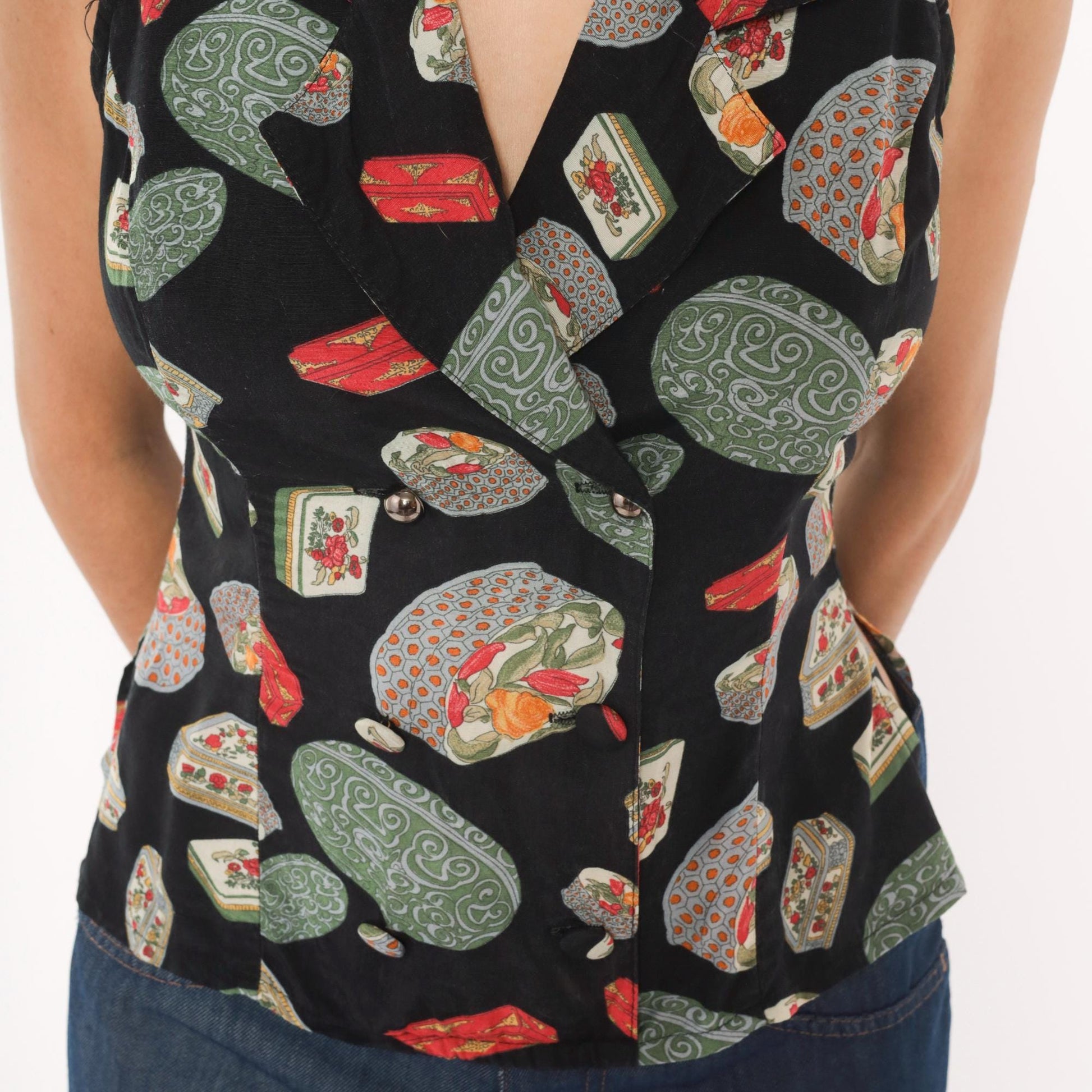 90s Paris Blues Novelty Print Halter Vest Black Green Red Small