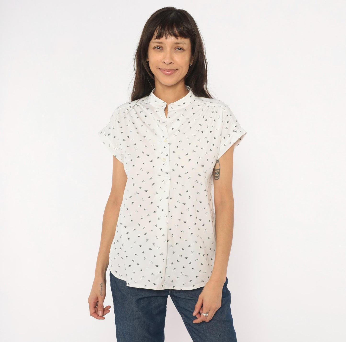 70s Mr. Fine Sailboat Print Blouse White Mandarin Collar Cap Sleeve Medium