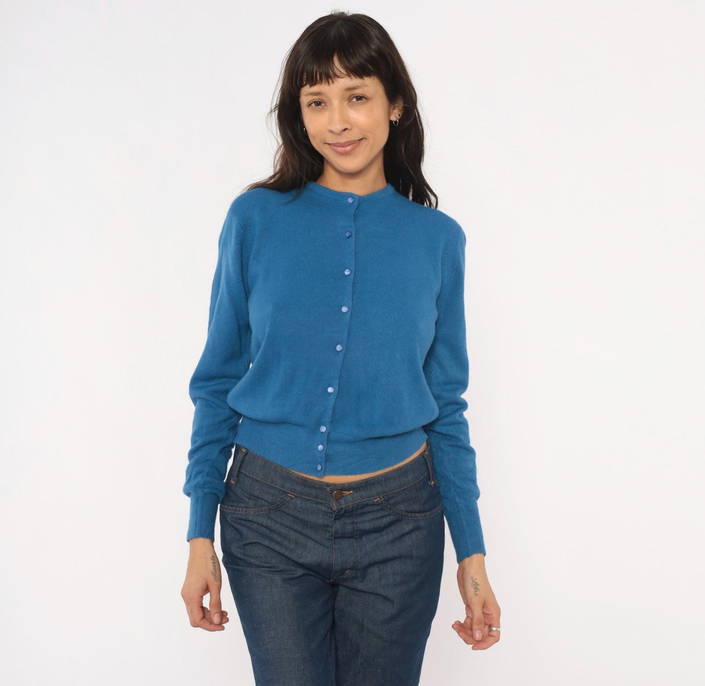 60s Joyce Lane Blue Cardigan Knit Sweater Cropped Ribbed Small S