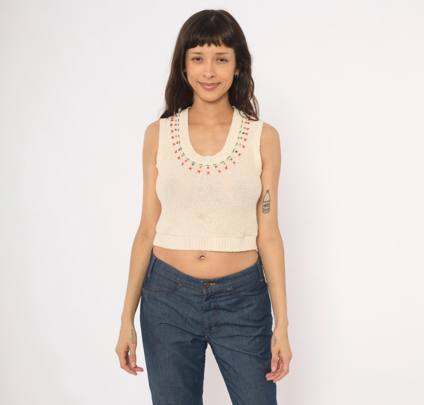 70s Cream Knit Vest Embroidered Cross-Stitch Beaded Neckline Sleeveless Small S