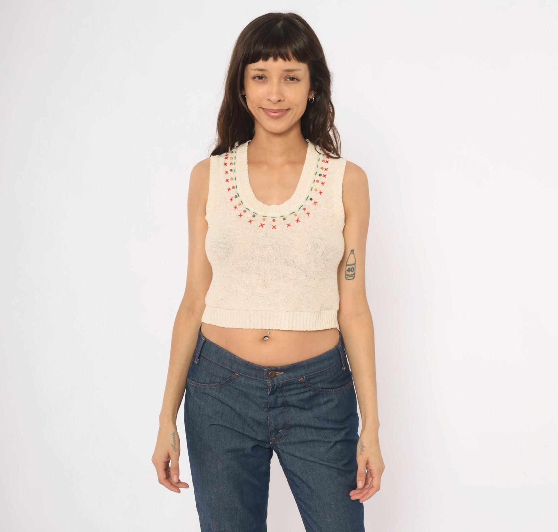 70s Cream Knit Vest Embroidered Cross-Stitch Beaded Neckline Sleeveless Small S