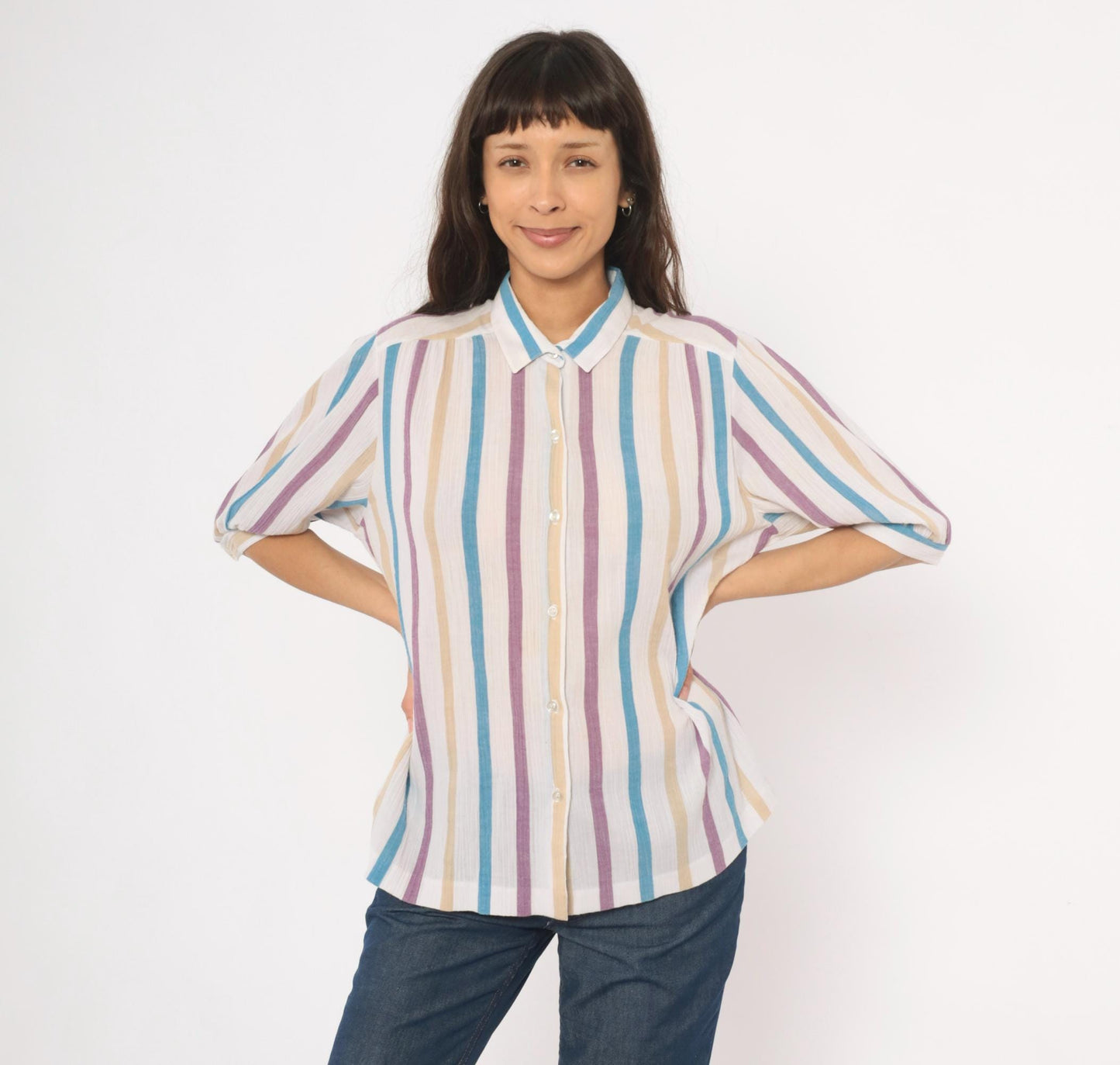 80s Koret Vertical Stripe Button Front Blouse Cream Purple Blue Tan Extra Large XL