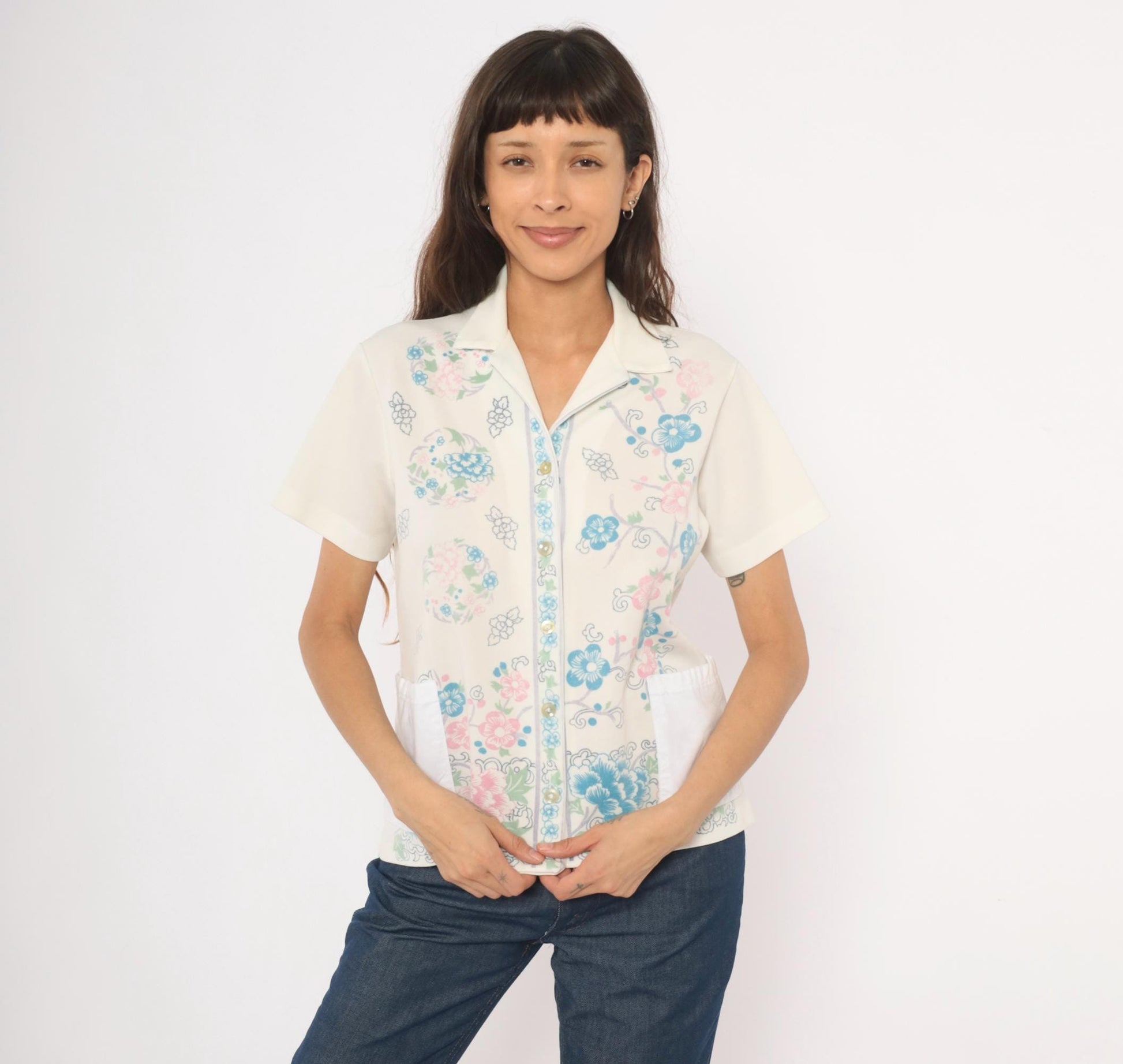 70s Cherry Blossom Peony Camp Collar Blouse Cream Floral Medium M