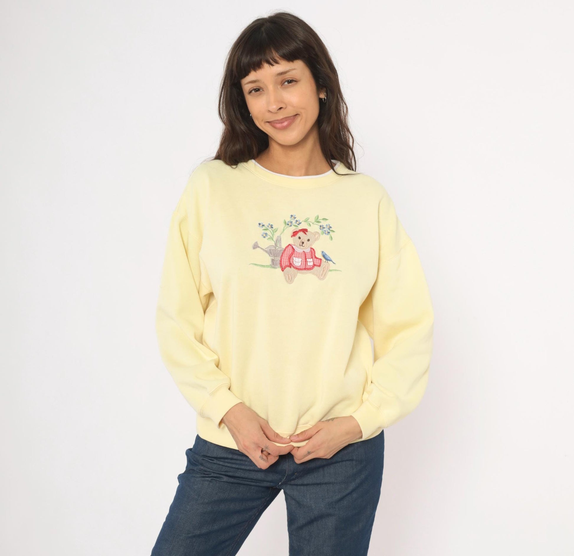 90s Classic Elements Teddy Bear Embroidered Sweatshirt Butter Yellow Crewneck Large L