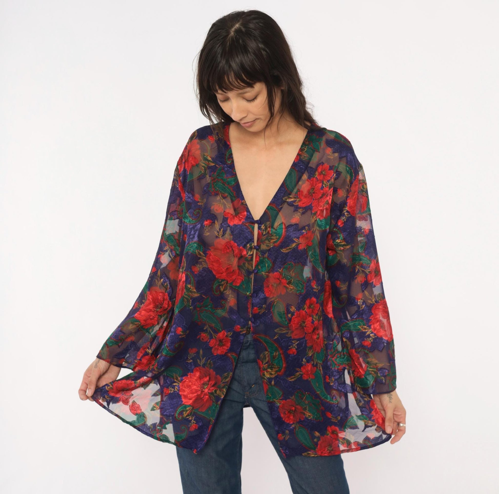 90s Victoria's Secret Sheer Kimono Robe Navy Floral Rose Print Small