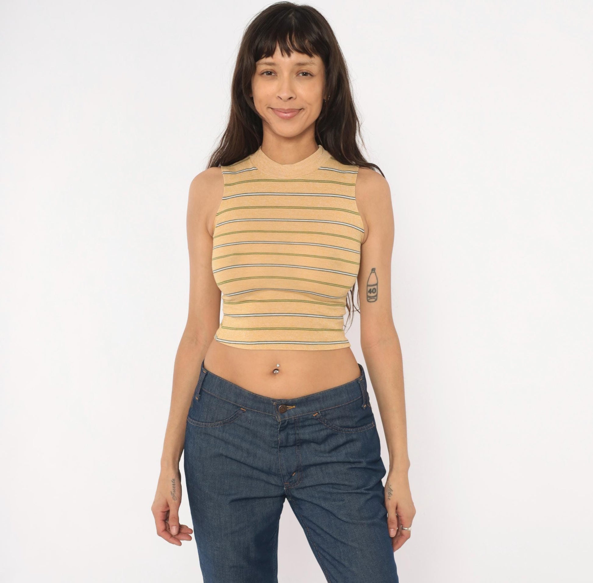 80s Towncraft Striped Mock Neck Crop Tank Tan Olive Extra Extra Small XXS