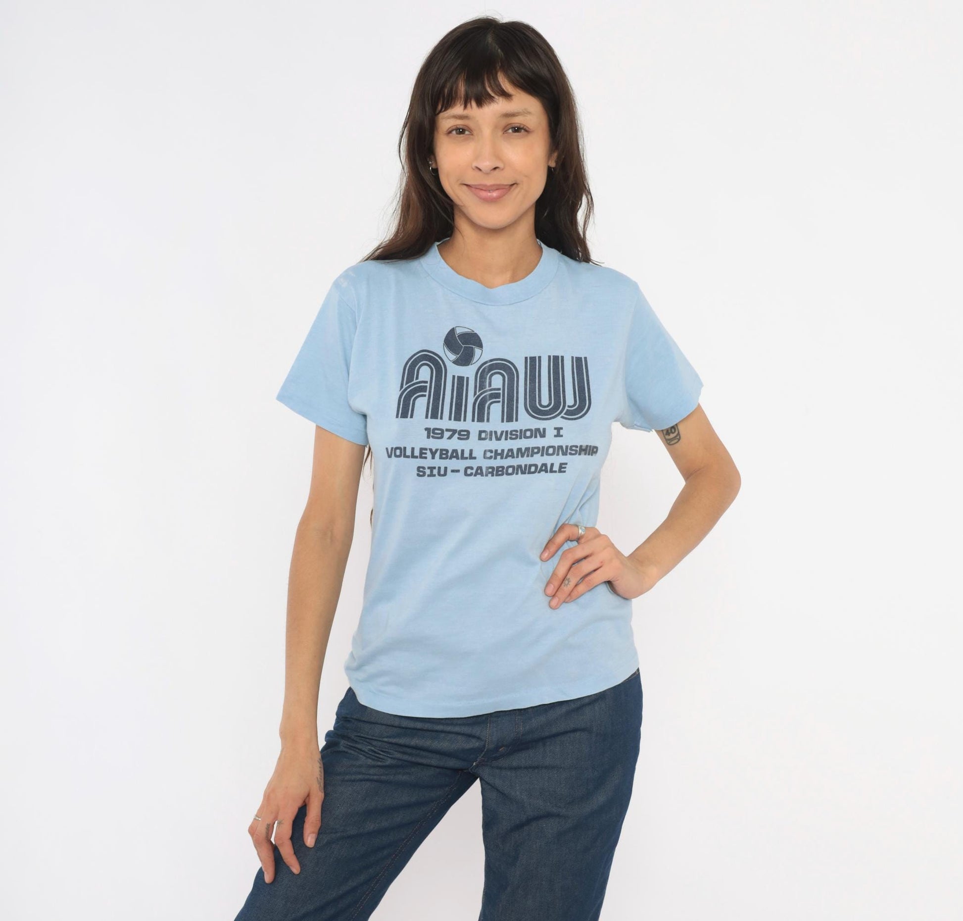 70s SIU Carbondale Volleyball Championship Graphic Tee Light Blue Small