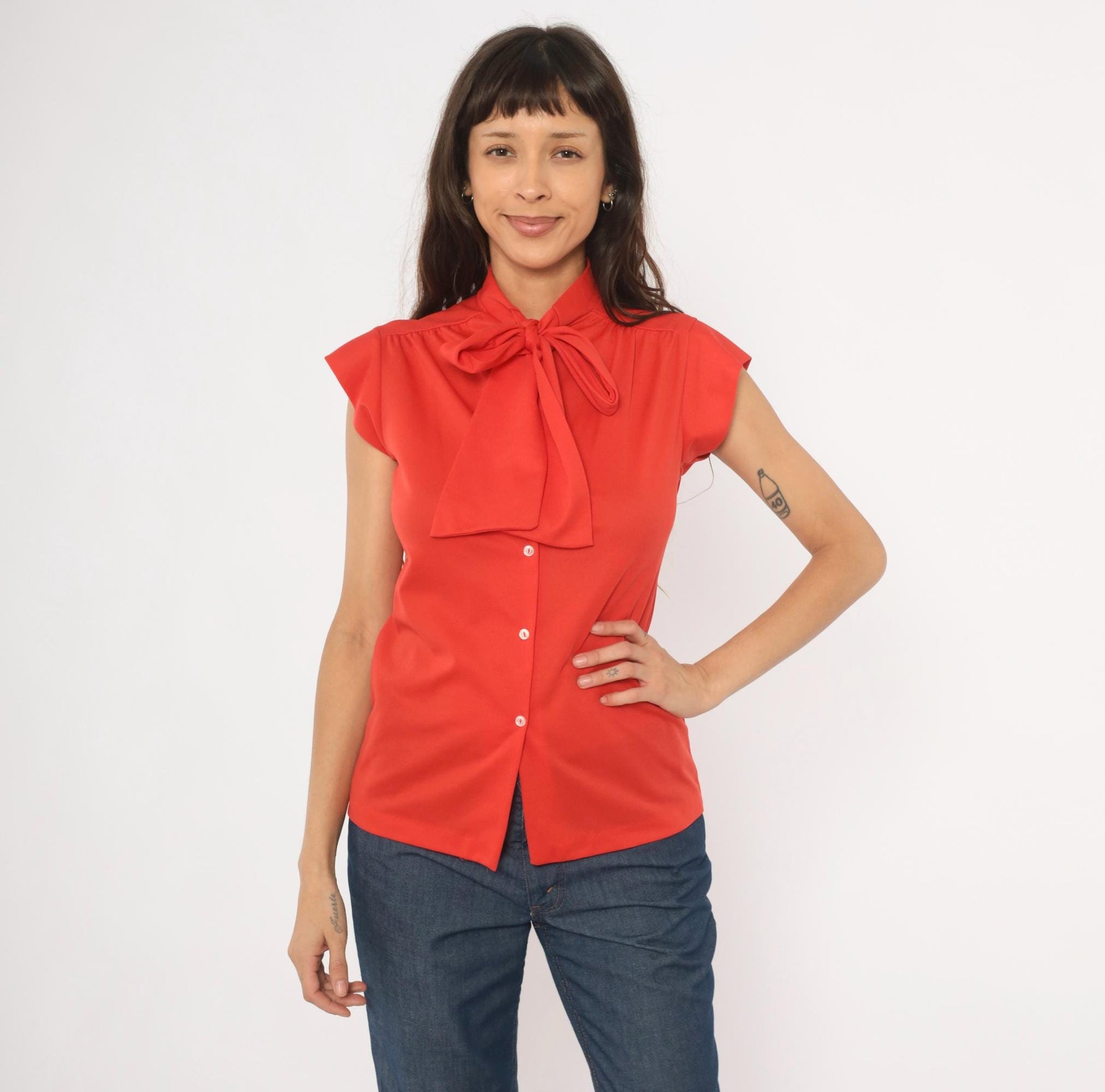 70s Red Bow Neck Blouse Cap Sleeve Button Front Polyester Small S