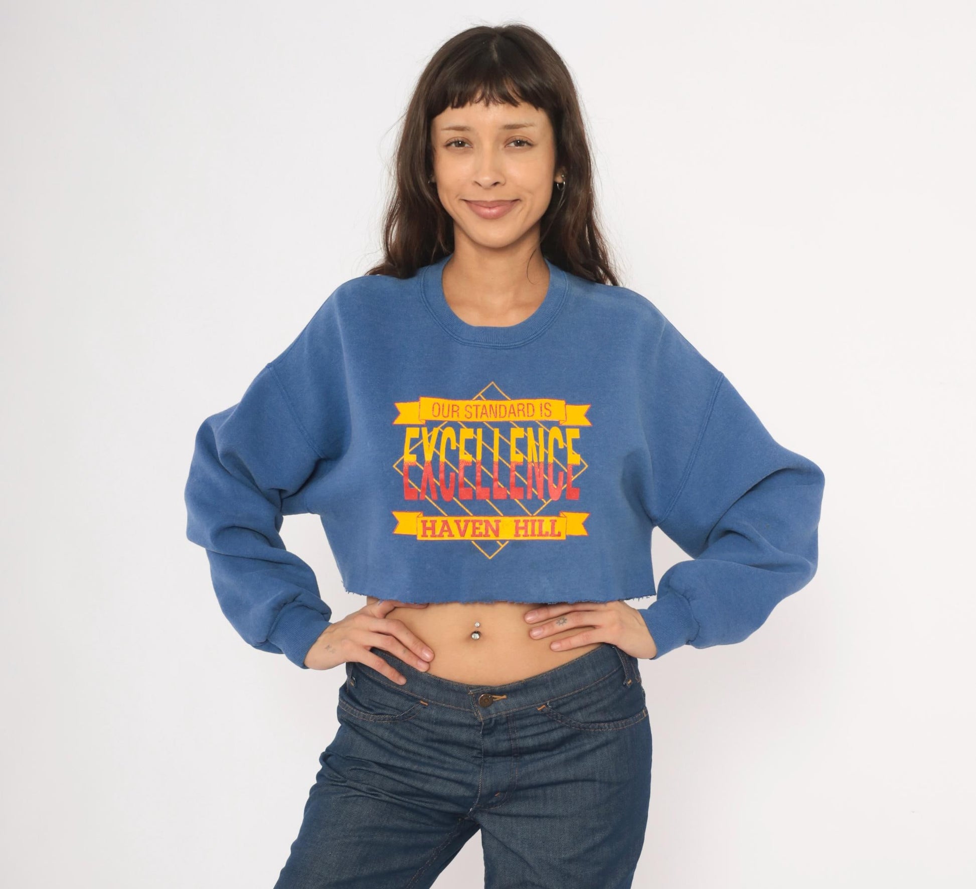 90s Jerzees Haven Hill Cropped Sweatshirt Cobalt Blue Graphic Crewneck Extra Large XL
