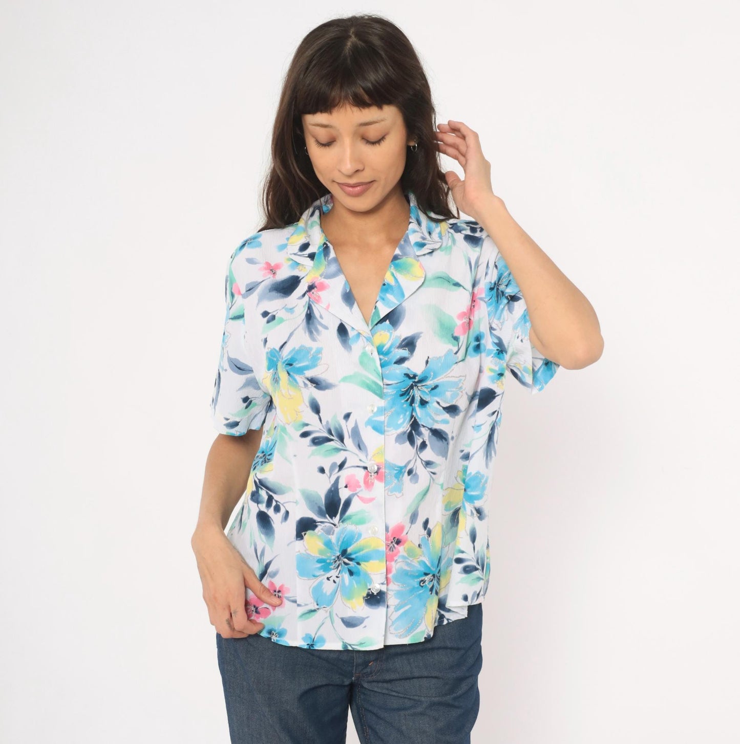 90s Alfred Dunner Watercolor Floral Camp Collar Blouse Blue Pink Yellow Extra Large XL