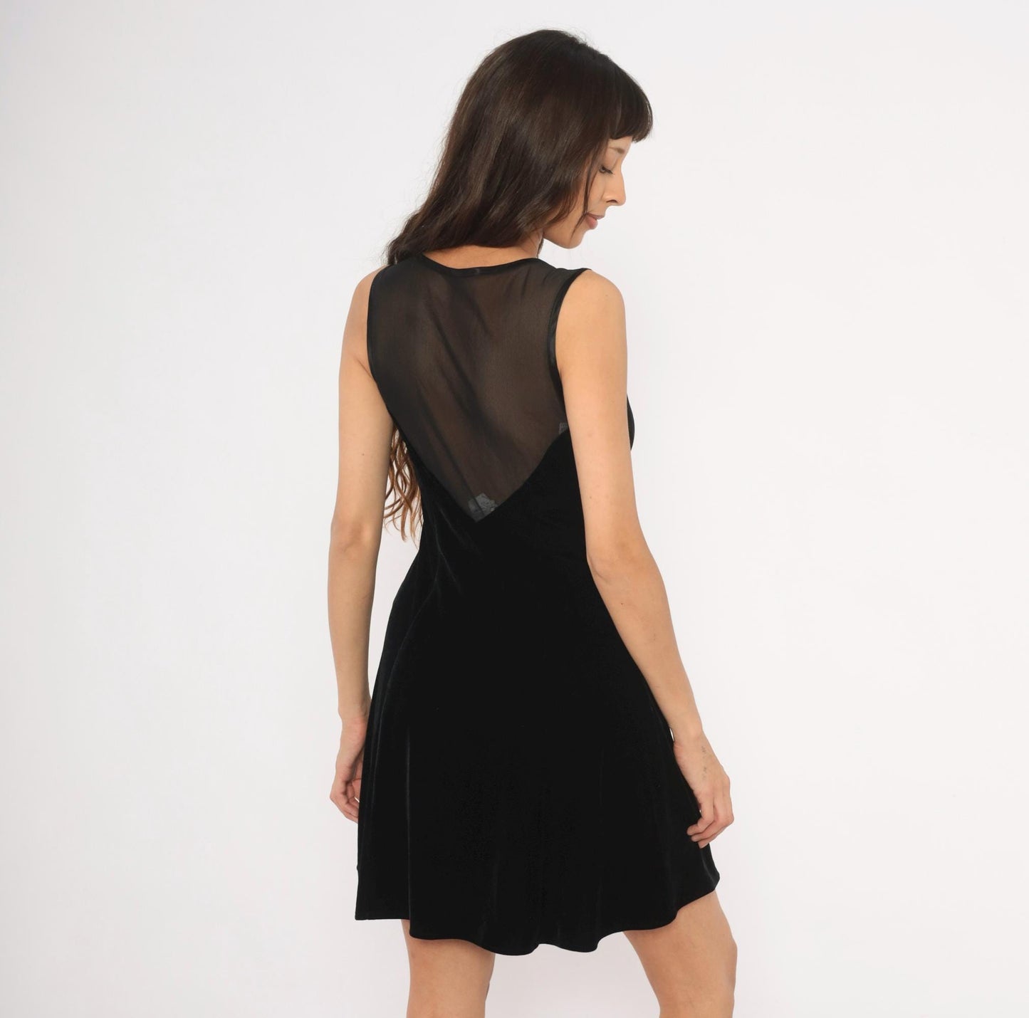 90s Betsy and Adam Black Velvet Mini Dress Sweetheart Neckline Mesh Back Medium M
