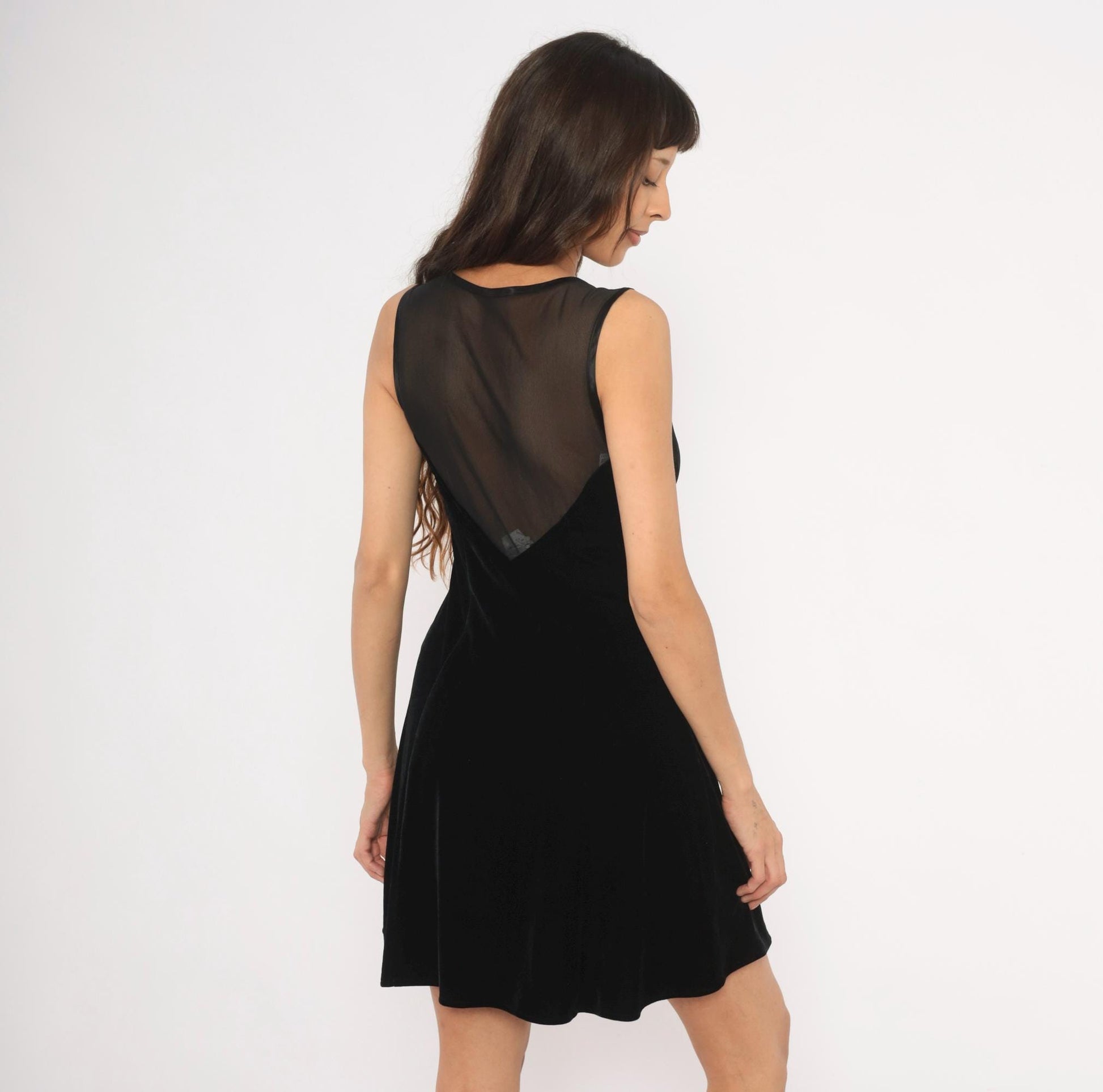 90s Betsy and Adam Black Velvet Mini Dress Sweetheart Neckline Mesh Back Medium M