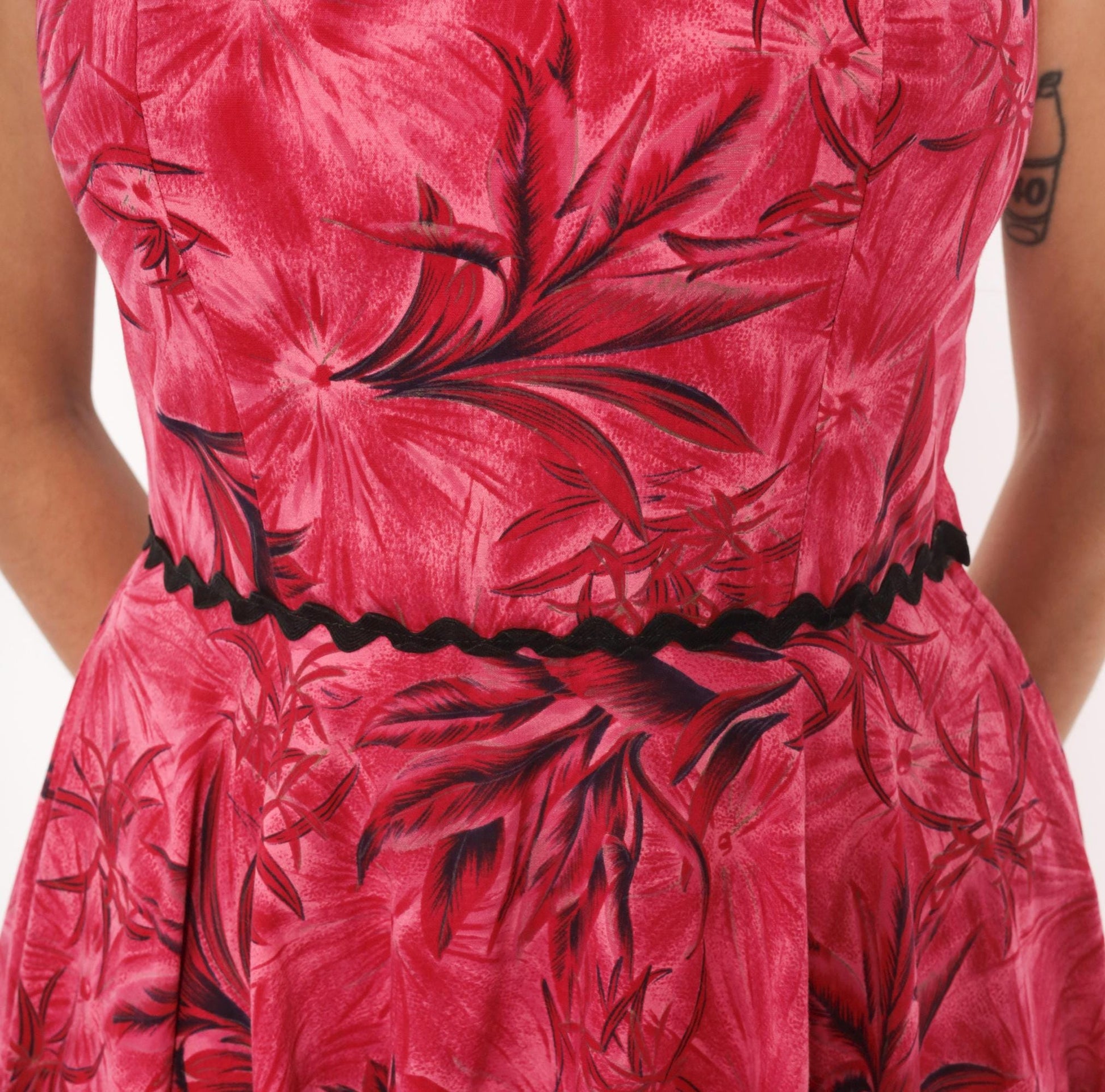 60s Tropical Floral A-Line Dress Pink Black Ric Rac Cotton Small