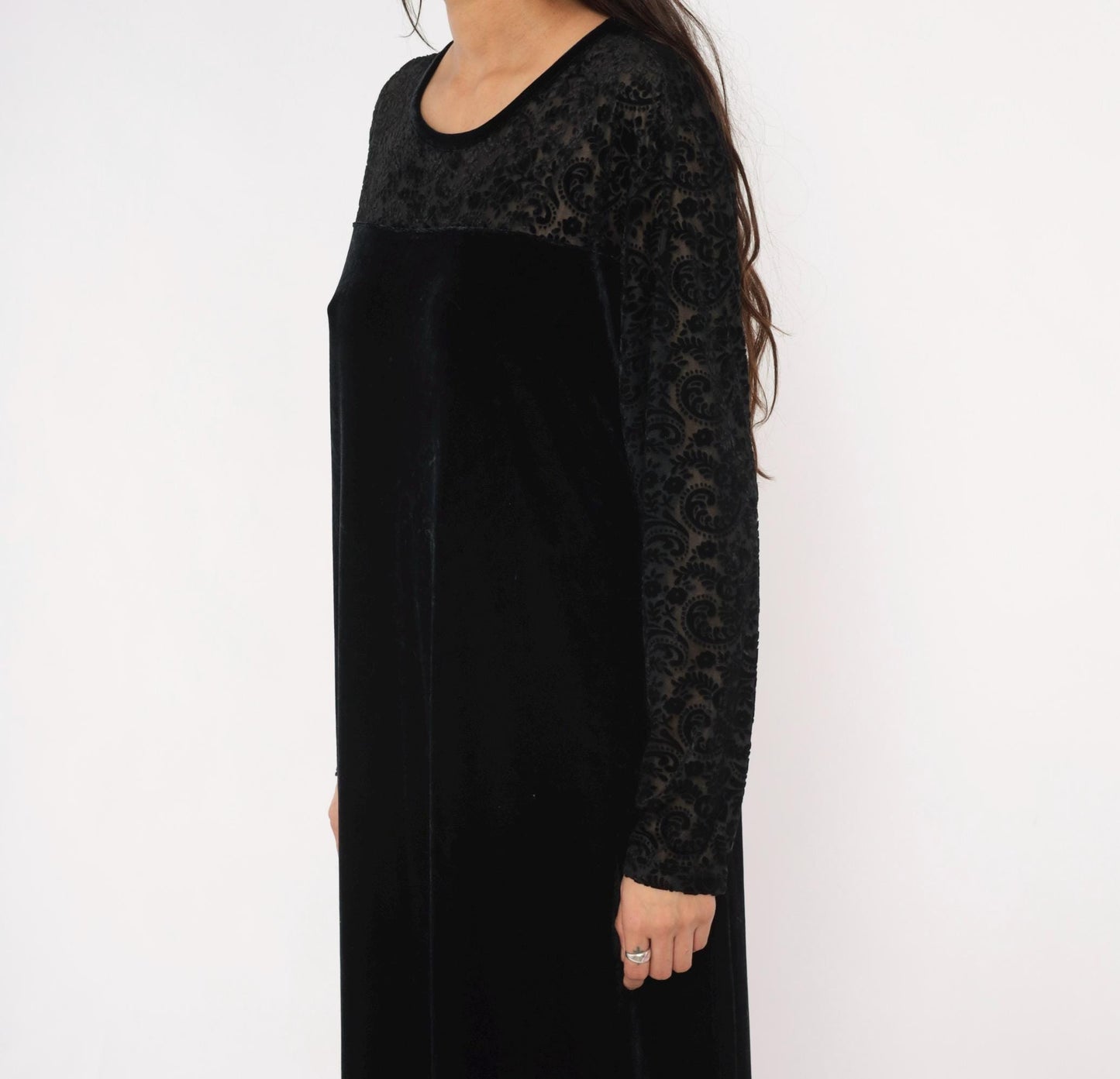 90s Jacqueline Ferrar Black Velvet Maxi Dress Lace Sleeve Gothic Gown Extra Extra Large XXL