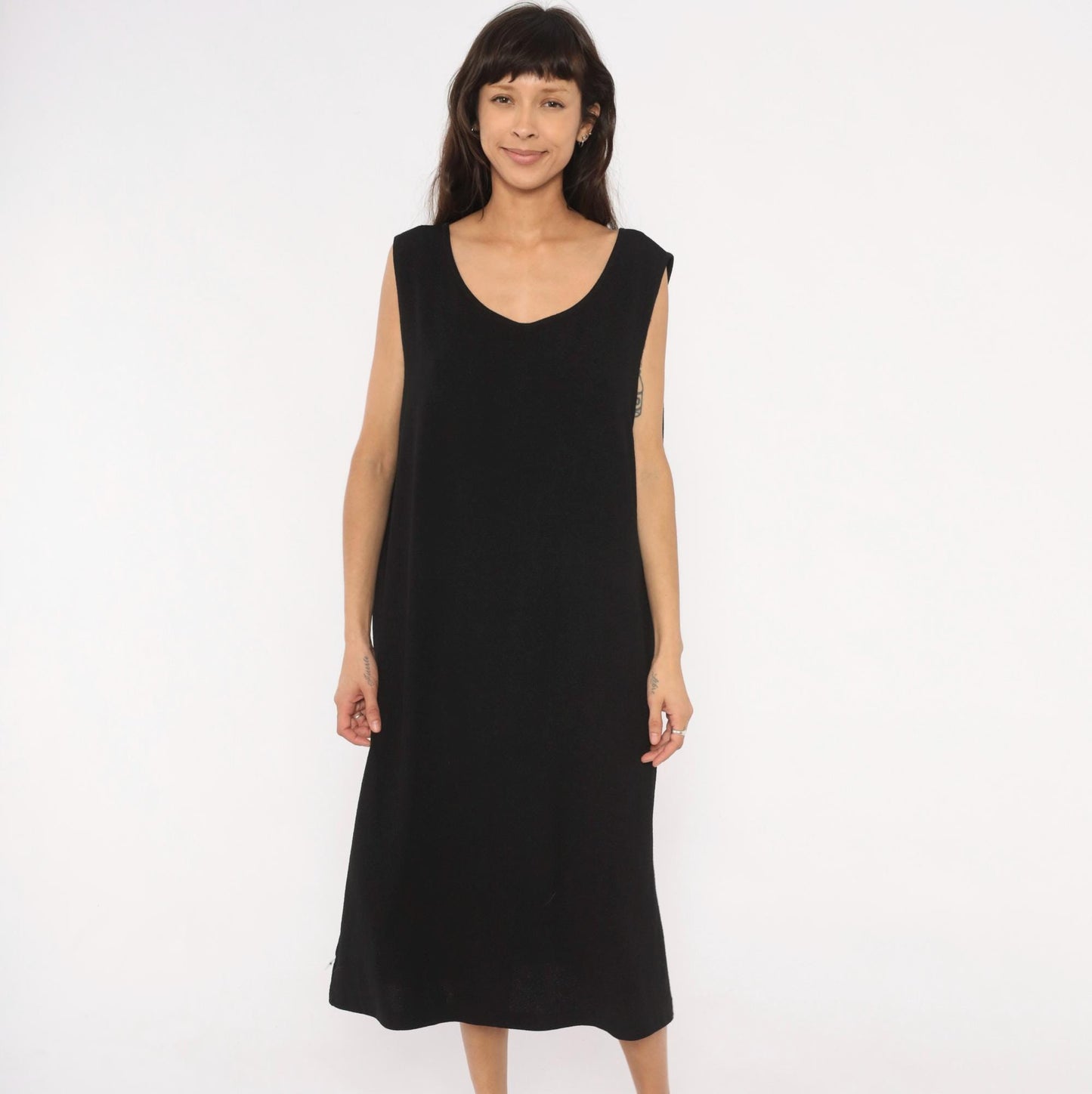 90s Dana Kay Black Sleeveless Midi Dress Scoop Neck Column Extra Large