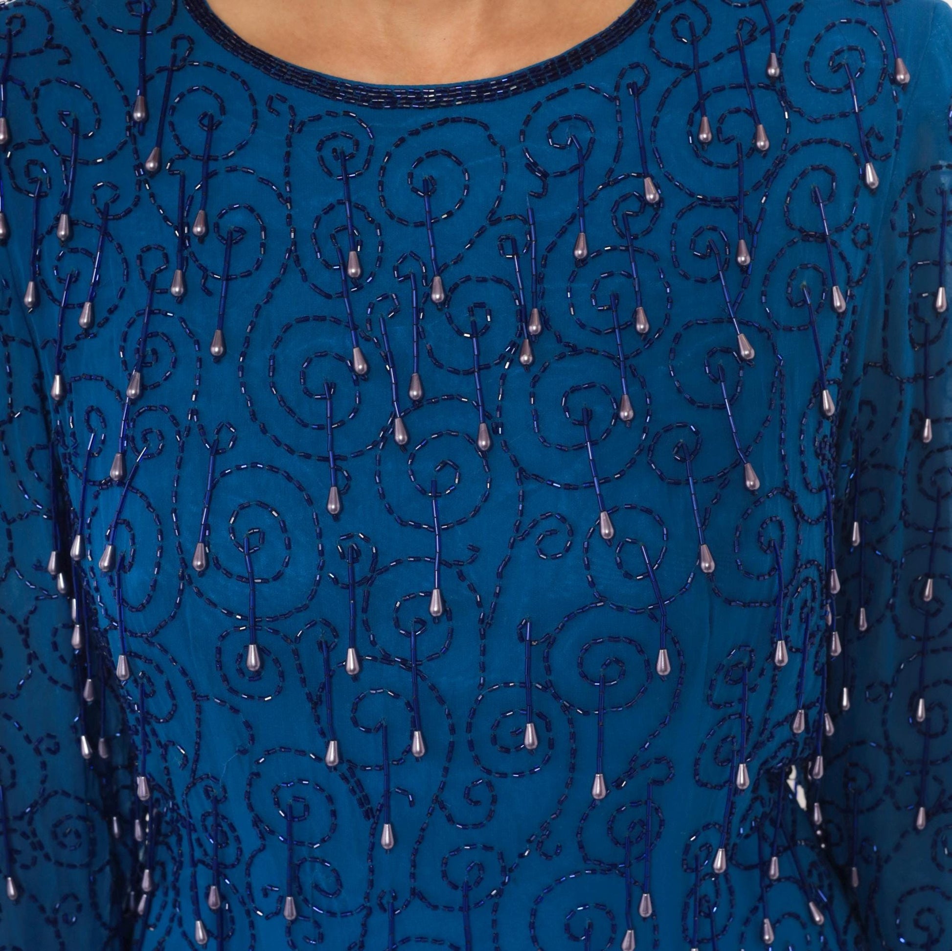 90s Cobalt Blue Beaded Knee-Length Dress Open Back Long Sleeve Large L
