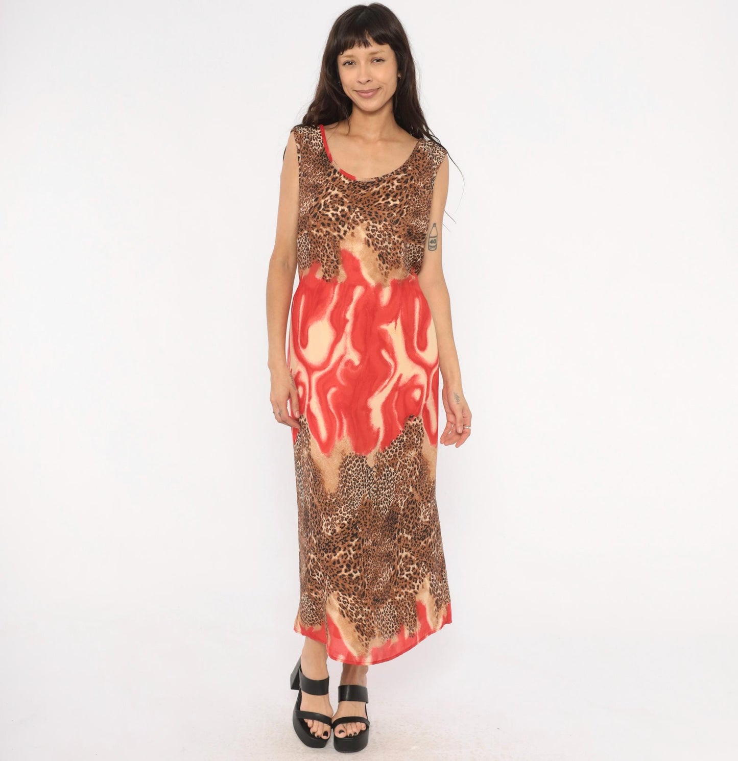 90s Leopard Flame Print Maxi Dress Sleeveless Scoop Neck Chiffon Tie Back XXL
