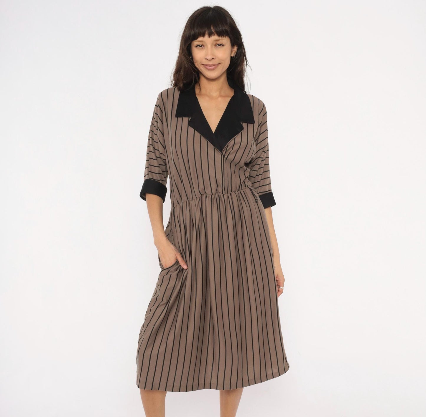 80s Studio Petites Striped Wrap Midi Dress Taupe Black Notched Collar Petite 14P