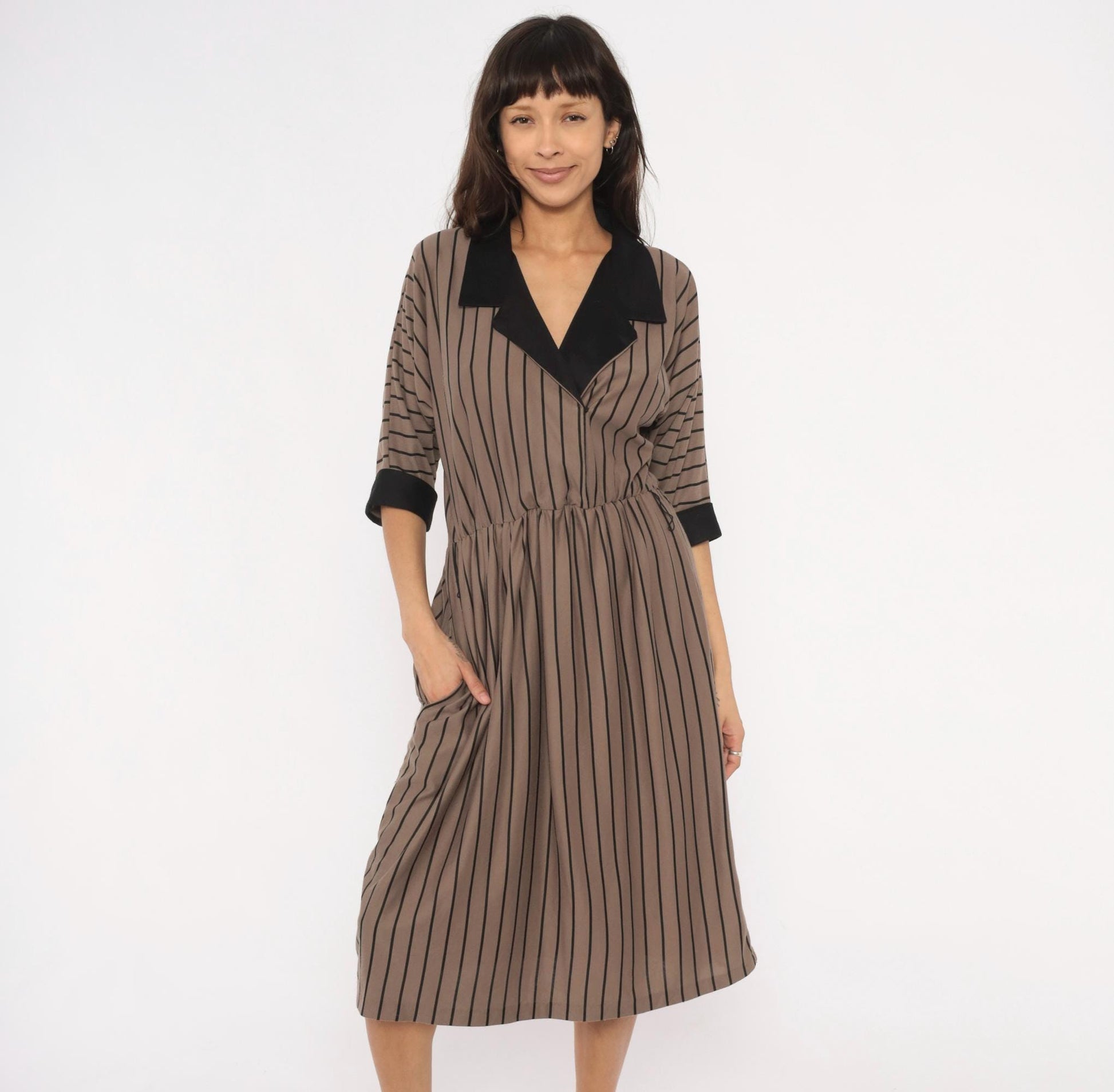 80s Studio Petites Striped Wrap Midi Dress Taupe Black Notched Collar Petite 14P