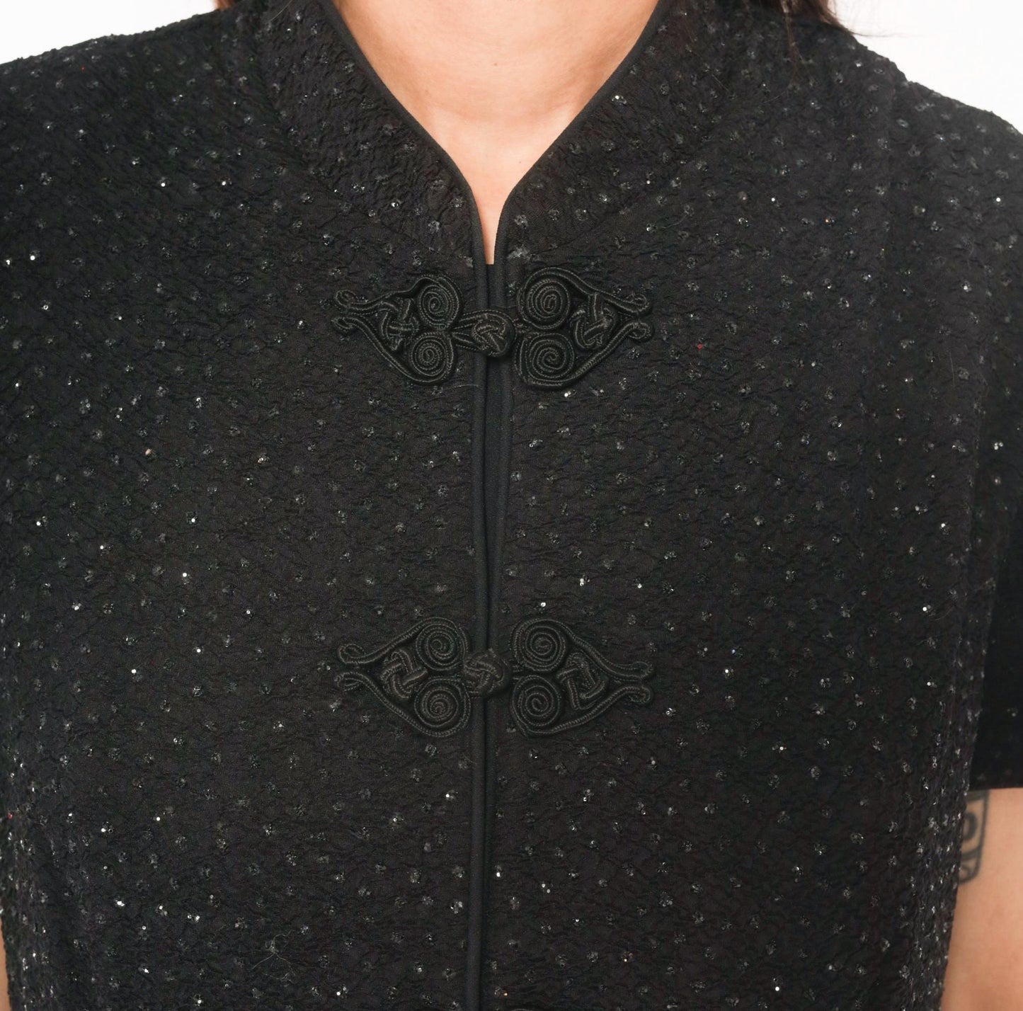 90s R&M Richards Black Glitter Cheongsam Midi Dress Frog Closure Mandarin Collar Extra Large