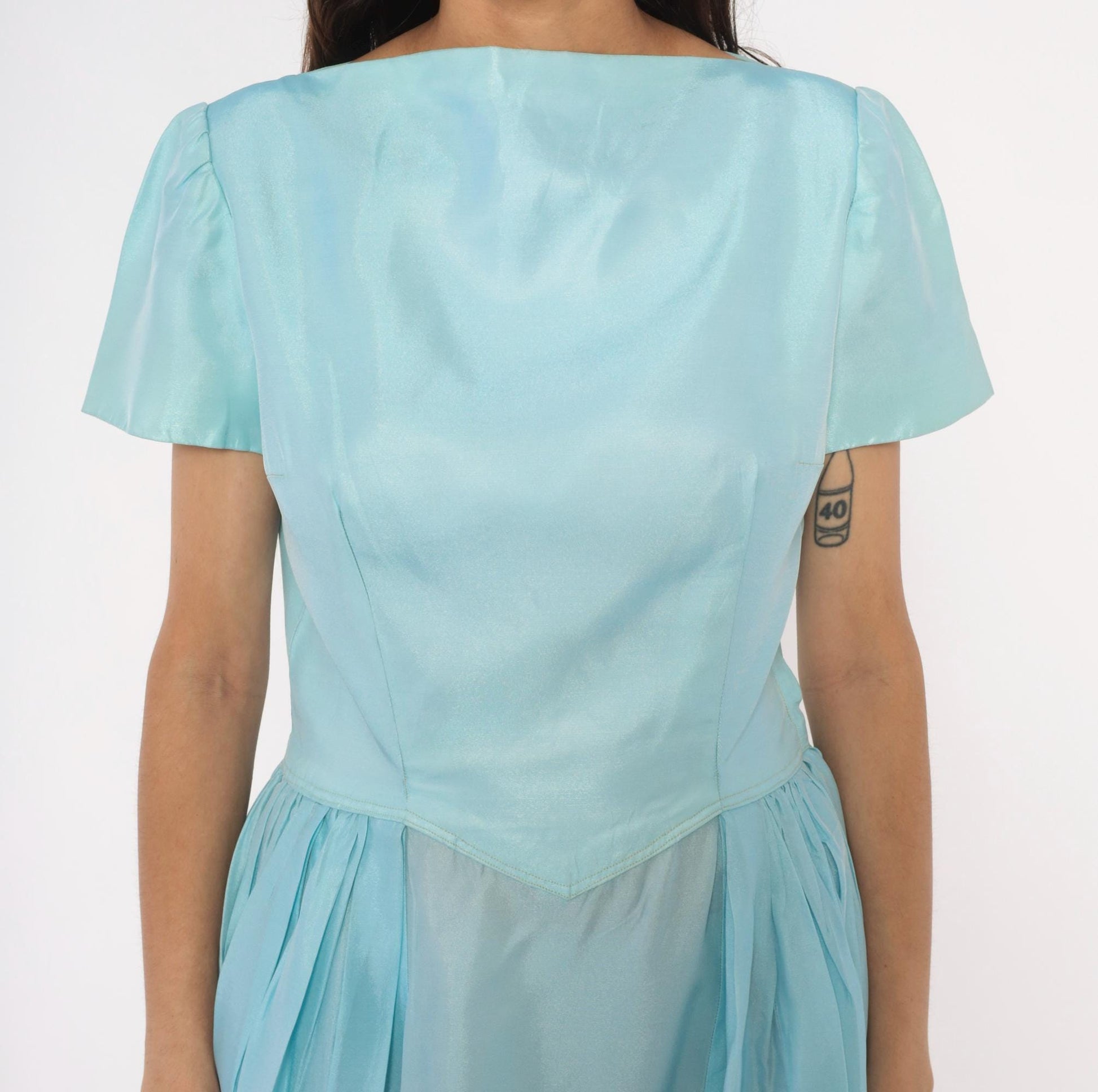 60s Baby Blue Fit-and-Flare Dress Basque Waist Pleated Knee-Length Large L