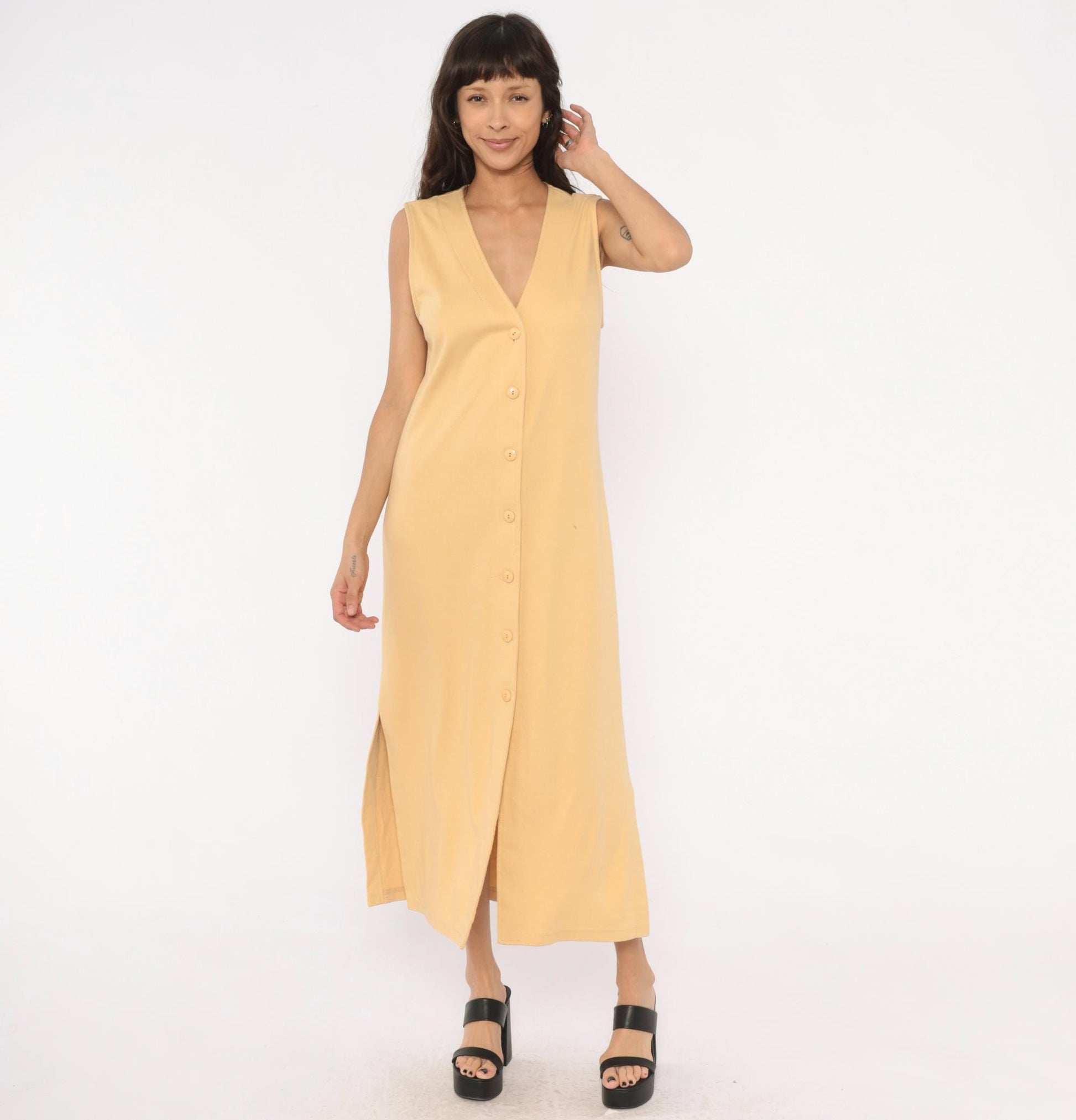 90s Weekenders Tan Maxi Dress Sleeveless V Neck Button Front Small
