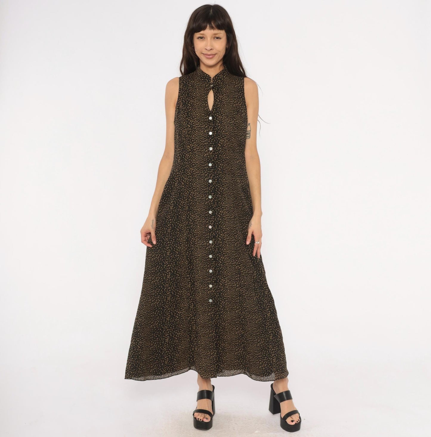 90s David Warren New York Maxi Dress Mandarin Collar Keyhole Black Tan Spotted Large L