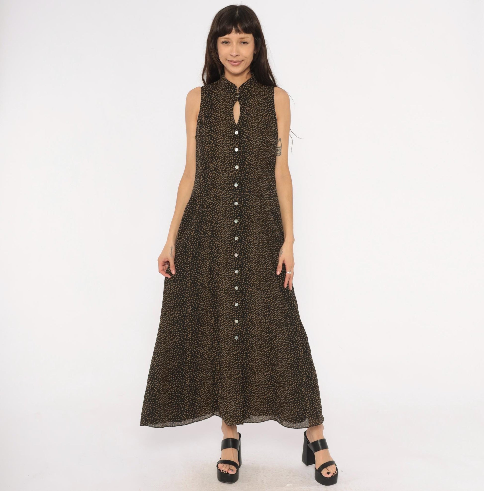 90s David Warren New York Maxi Dress Mandarin Collar Keyhole Black Tan Spotted Large L