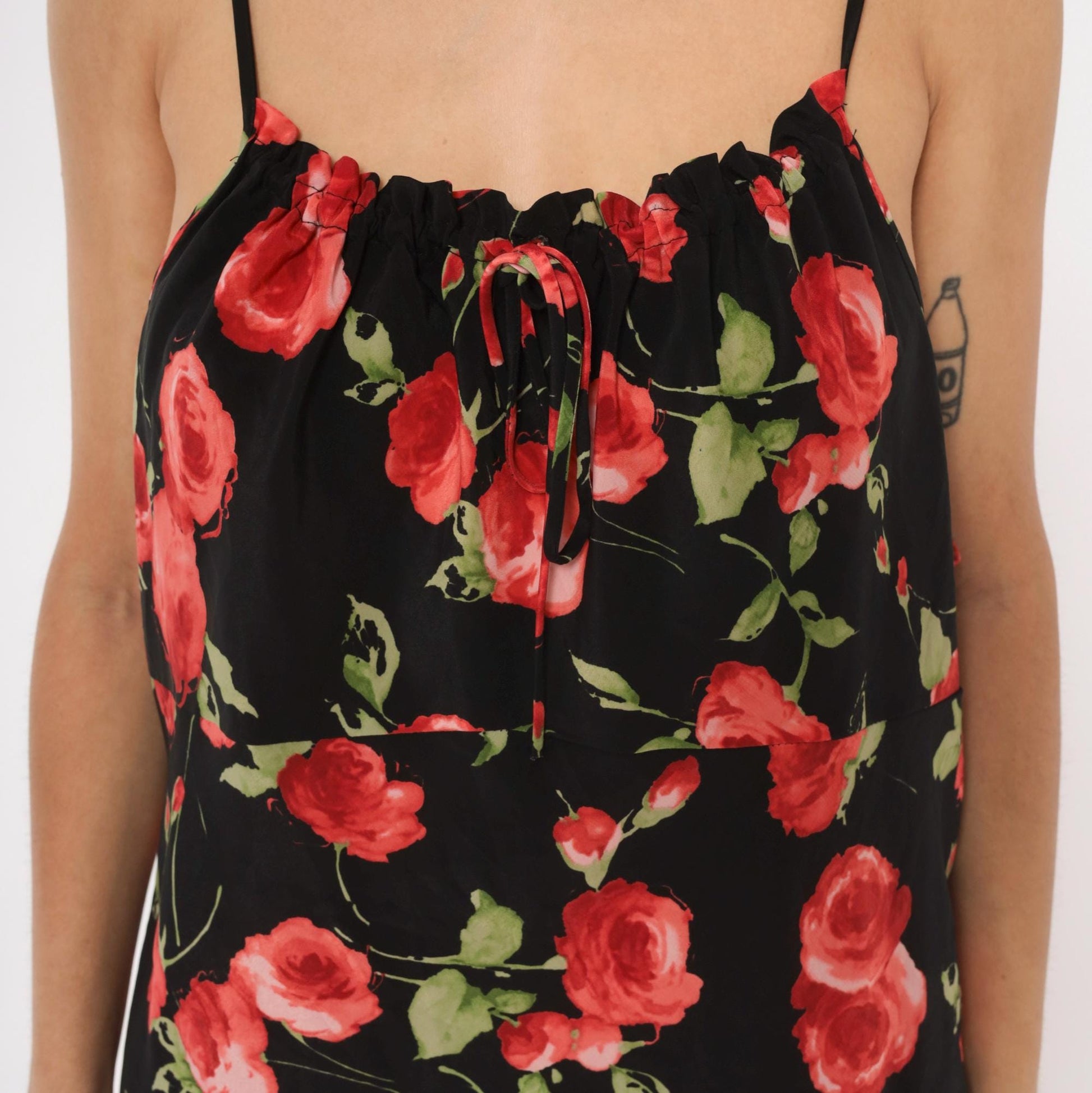 90s Chesley Rose Print Slip Dress Black Midi Spaghetti Strap Open Back Extra Large
