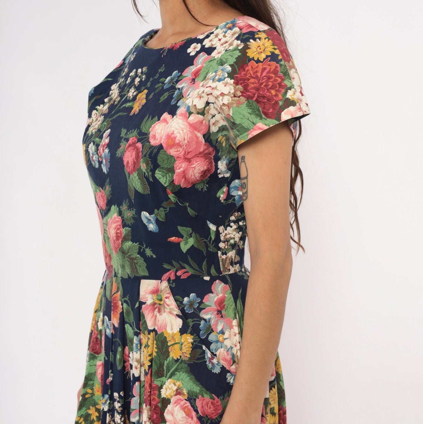90s E.D. Michaels Floral Midi Dress Navy Cotton Garden Print Scoop Back Small