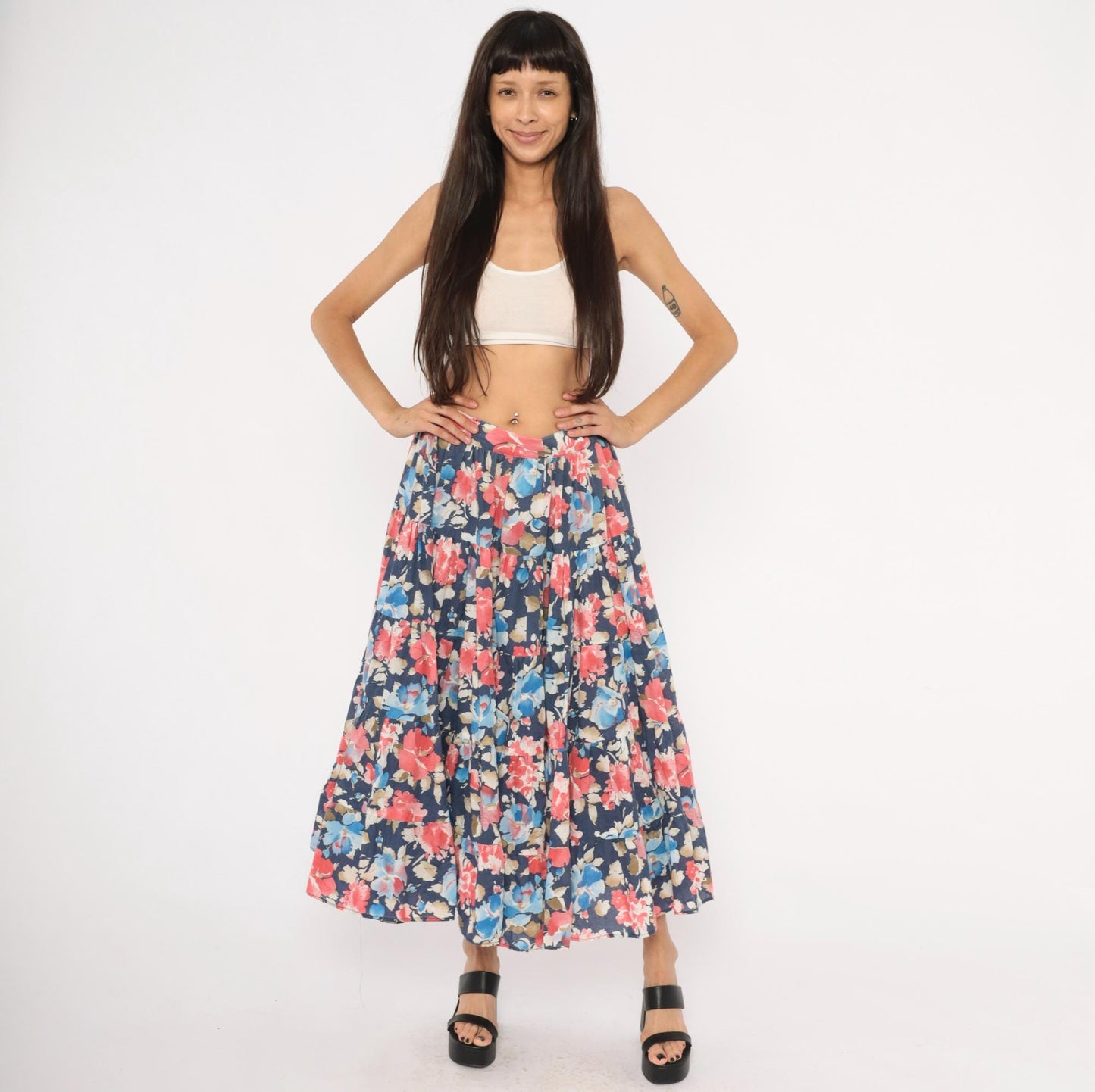 80s Navy Floral Tiered Cotton Midi Skirt Watercolor Print Large L
